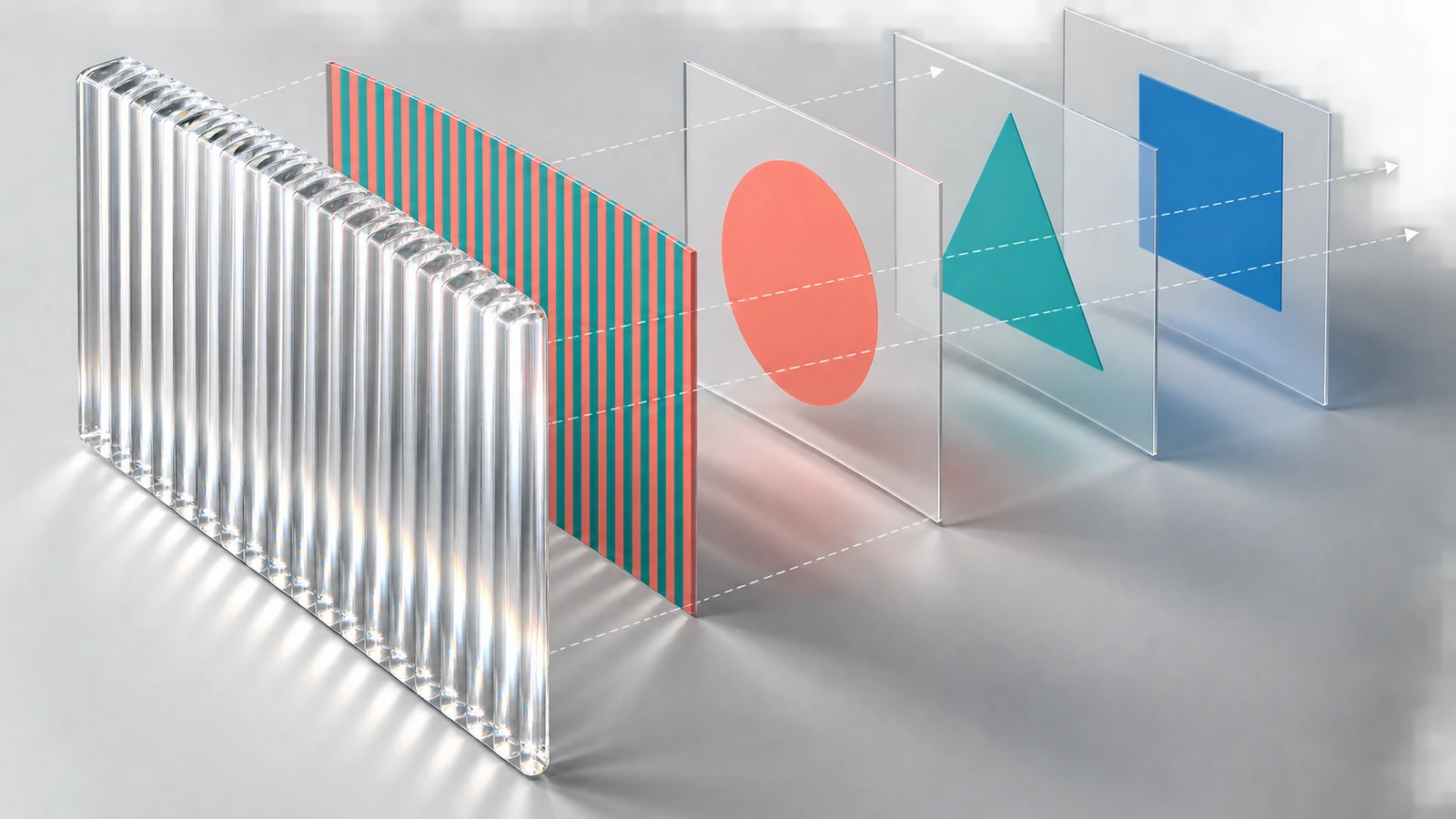 Diagrama despiezado de una tarjeta lenticular 3D que muestra la plancha de lente con relieve, la capa de impresión entrelazada y los planos de profundidad por capas detrás de la superficie