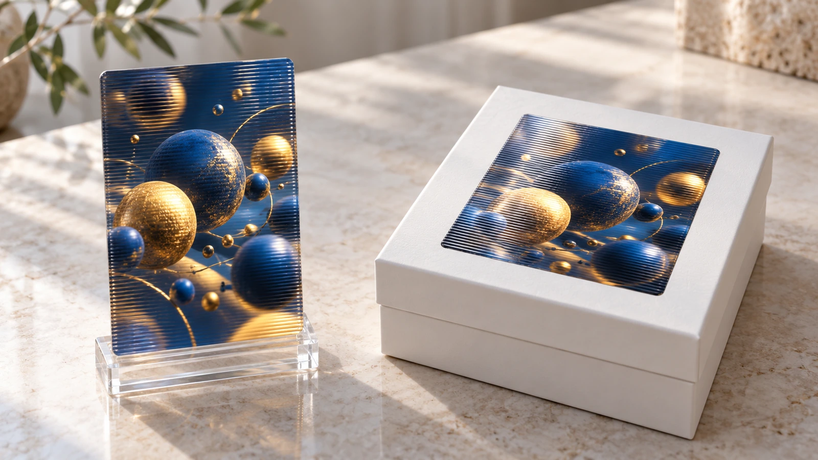 Escena comparativa de una tarjeta lenticular rígida de pie junto a una pegatina lenticular aplicada en la tapa plana de una caja