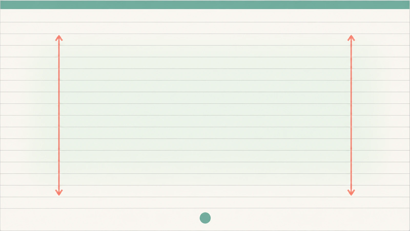 Diagrama de una página de cuaderno con una banda de color fina en la parte superior y una marca pequeña en la inferior, con flechas que señalan la zona de escritura libre entre ambas