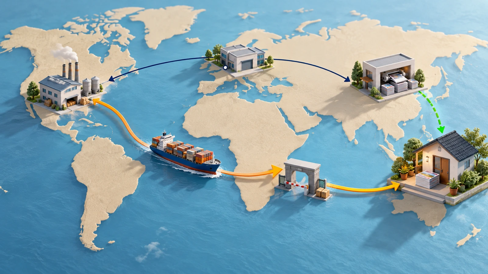 Mapa mundial estilizado con flechas cortas de entrega local desde una imprenta cercana y una larga ruta marítima desde una fábrica lejana, que confluyen en la puerta del lector