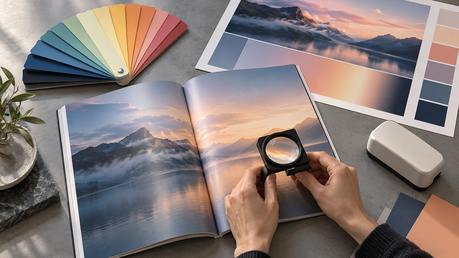 Manos examinando una muestra impresa abierta de una revista con una lupa, junto a un abanico de muestras de referencia de color y una prueba física sobre una mesa de luz