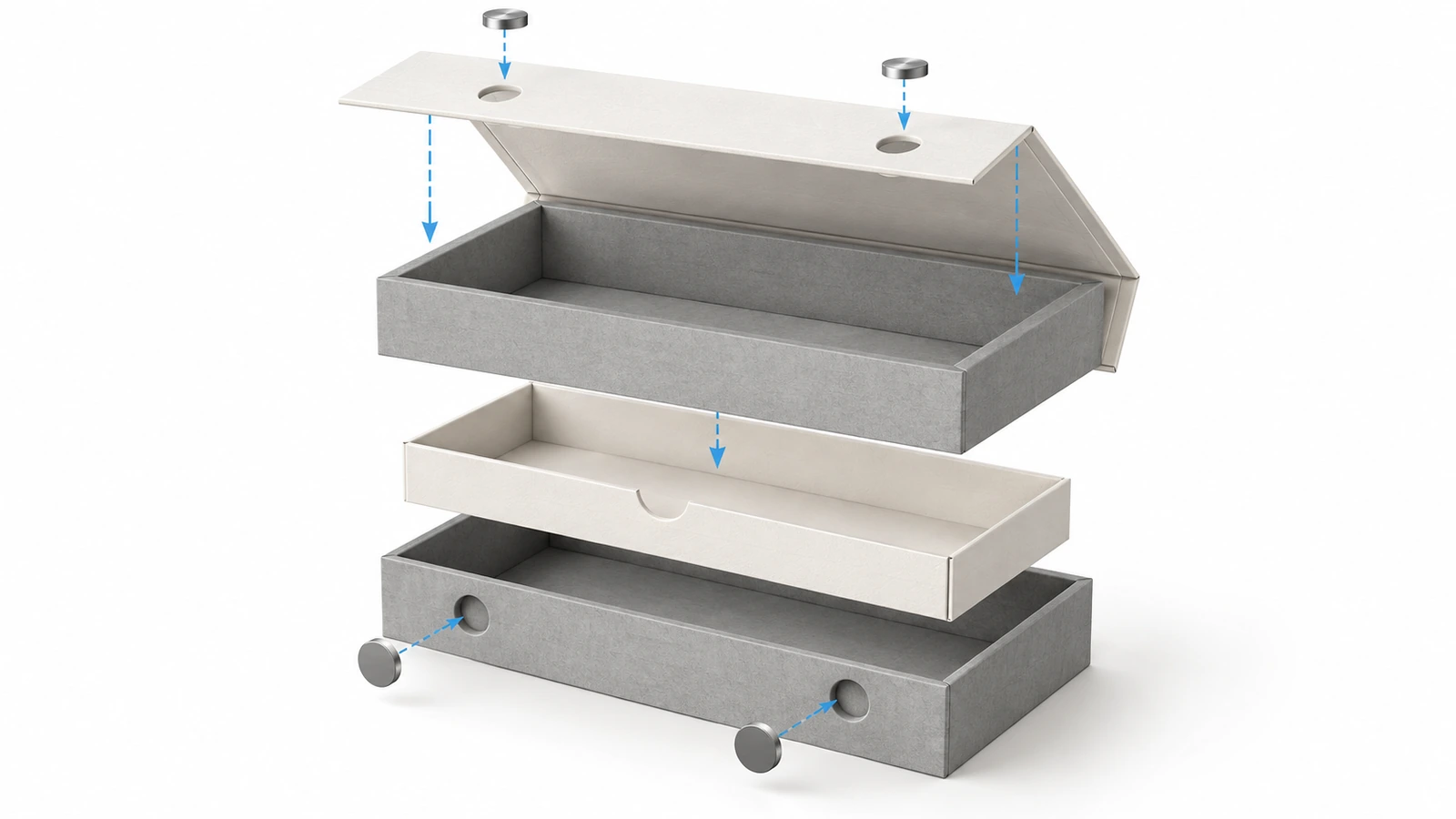 Vista despiezada de una caja con cierre magnético que muestra la estructura de cartón gris, la capa de papel del forro, los imanes de disco encastrados en la tapa y las contraplacas de acero en la pared frontal