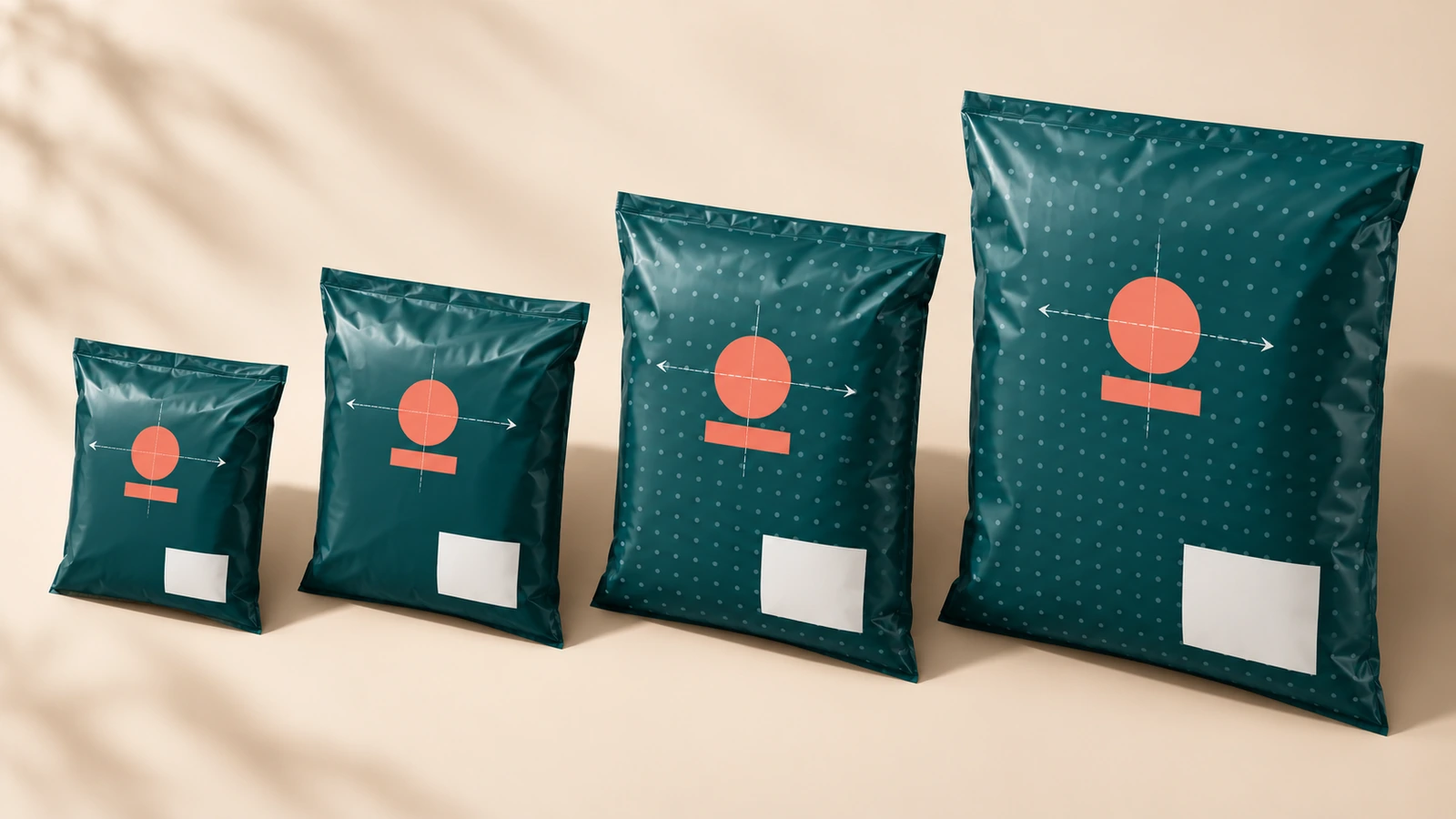 Familia de bolsas de envío de polietileno de marca en tamaños graduados, con la forma de marca situada en el mismo punto de anclaje proporcional, unidas por flechas de alineación