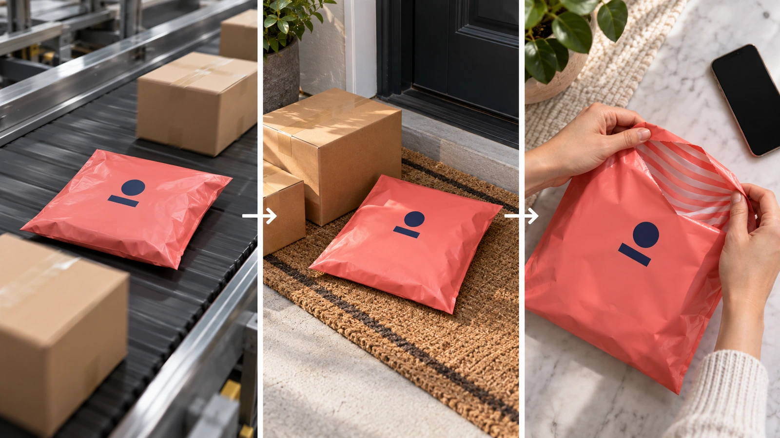 Tres momentos de visualización de una bolsa de envío de polietileno de marca: en una cinta de clasificación, en la puerta de casa entre otros paquetes y abierta en las manos de un cliente