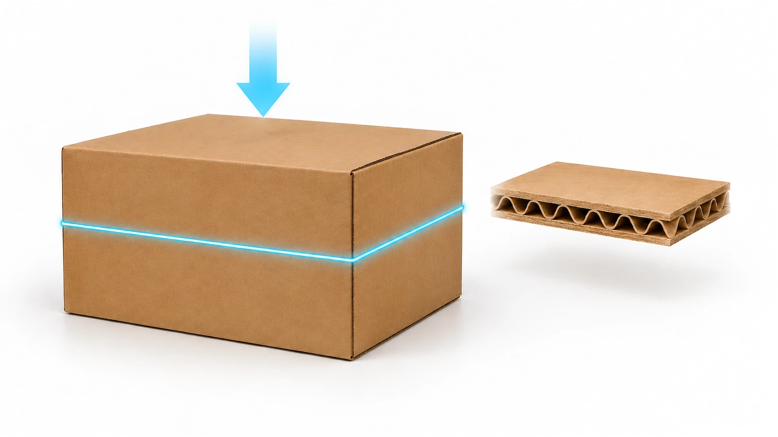 Caja de cartón corrugado con un lazo luminoso que recorre su perímetro, junto a una sección transversal ampliada del cartón que muestra las caras y el papel ondulado, y que representa los datos de la fórmula de McKee