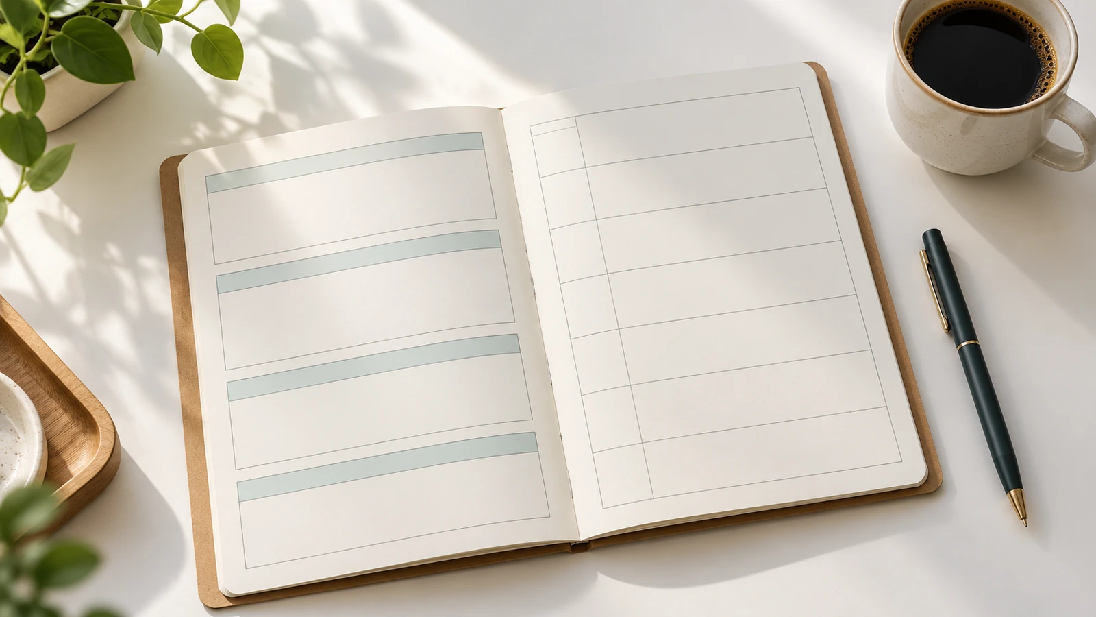 Cuaderno abierto con una plantilla de reunión en la página izquierda y una cuadrícula de planificador semanal en la derecha, representadas con bloques sombreados y líneas sencillas
