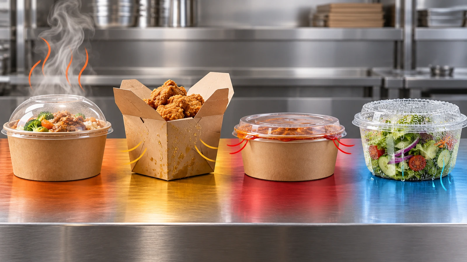 Cuatro envases para llevar sobre una encimera de cocina que muestran cuatro modos de fallo del menú: vapor que sube de una comida caliente, gotas de aceite sobre un producto frito, una salsa acumulada en la unión de una tapa y gotitas de escarcha sobre una ensalada fría