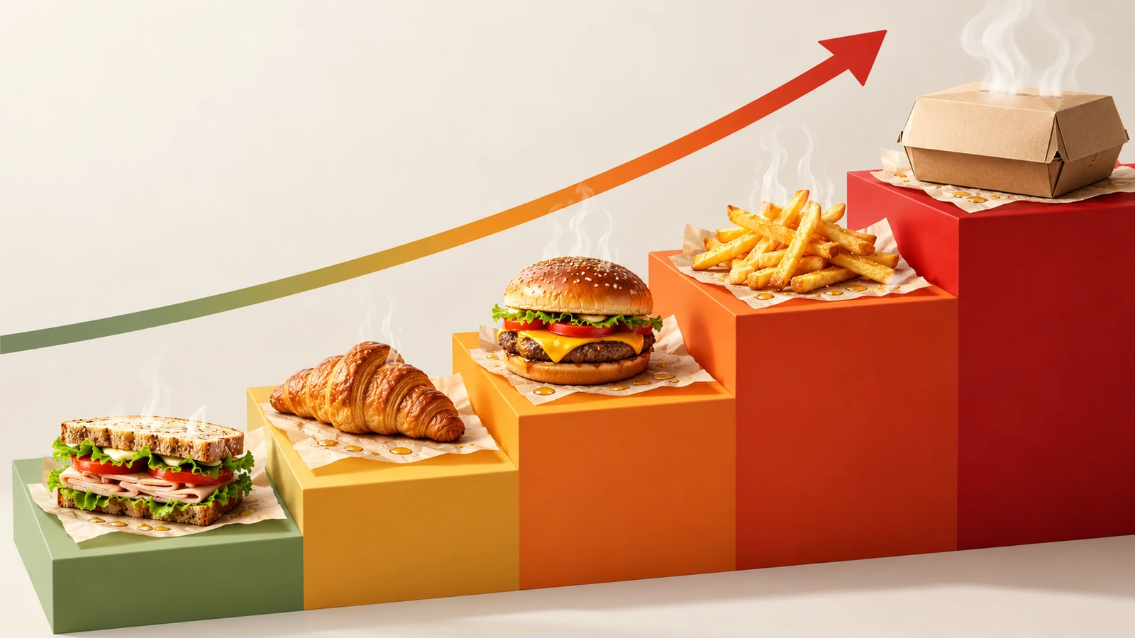 Ilustración en escalera de alimentos para llevar que ascienden desde un cruasán y un sándwich hasta patatas fritas y una caja de reparto cerrada, con gotas de aceite y ondas de calor crecientes en cada escalón para mostrar la creciente exigencia de barrera contra la grasa