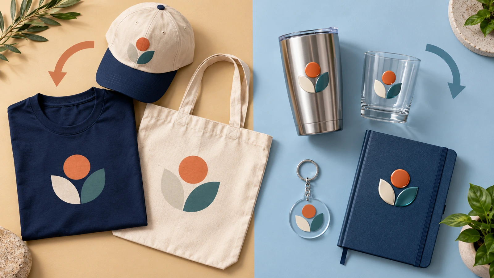 Kit de merchandising en vista cenital, clasificado en una zona de tejido con camiseta, bolsa y gorra y una zona de artículos rígidos con vaso térmico, vidrio, llavero acrílico y cuaderno