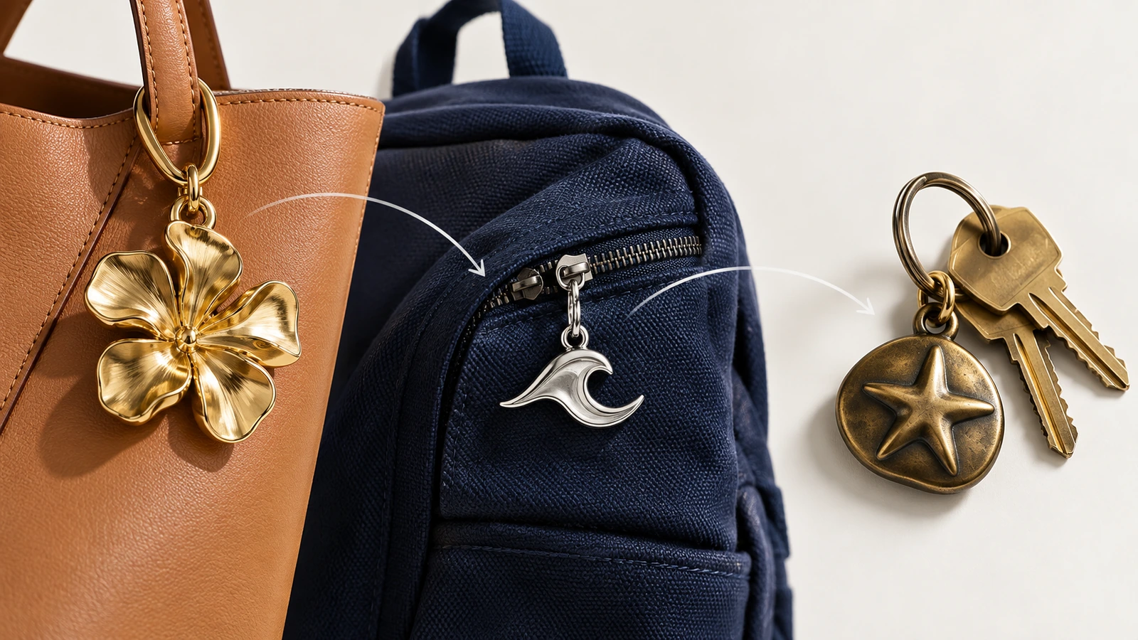 Comparación de tres formatos de dijes metálicos para llavero: un dije esculpido para bolso colgado del asa de una bolsa, un tirador de cremallera plano en la cremallera de una mochila y un dije redondeado para llavero junto a unas llaves