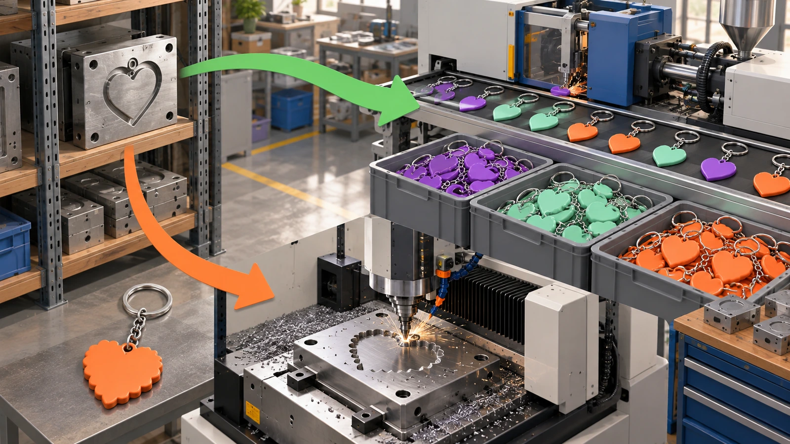 Molde de llavero almacenado que alimenta un reorden sin cambios, mientras un contorno modificado deriva hacia un molde recién mecanizado