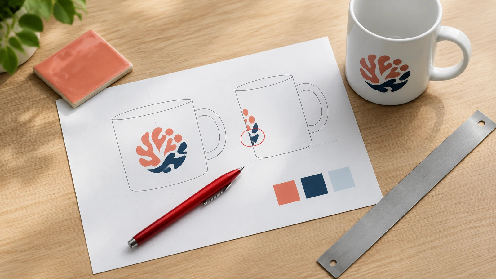 Vista cenital de una hoja de prueba de arte de taza impresa con formas abstractas de logotipo, un bolígrafo rojo, una regla y una taza de cerámica blanca sobre un escritorio claro