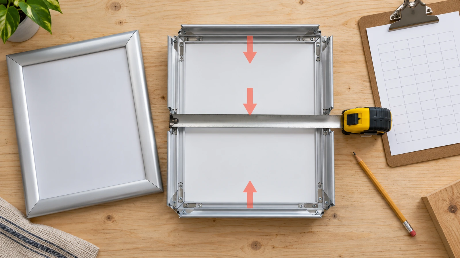Vista cenital de una cinta métrica de acero extendida sobre un marco clic de aluminio abierto, con tres flechas que marcan los puntos de medición superior, central e inferior