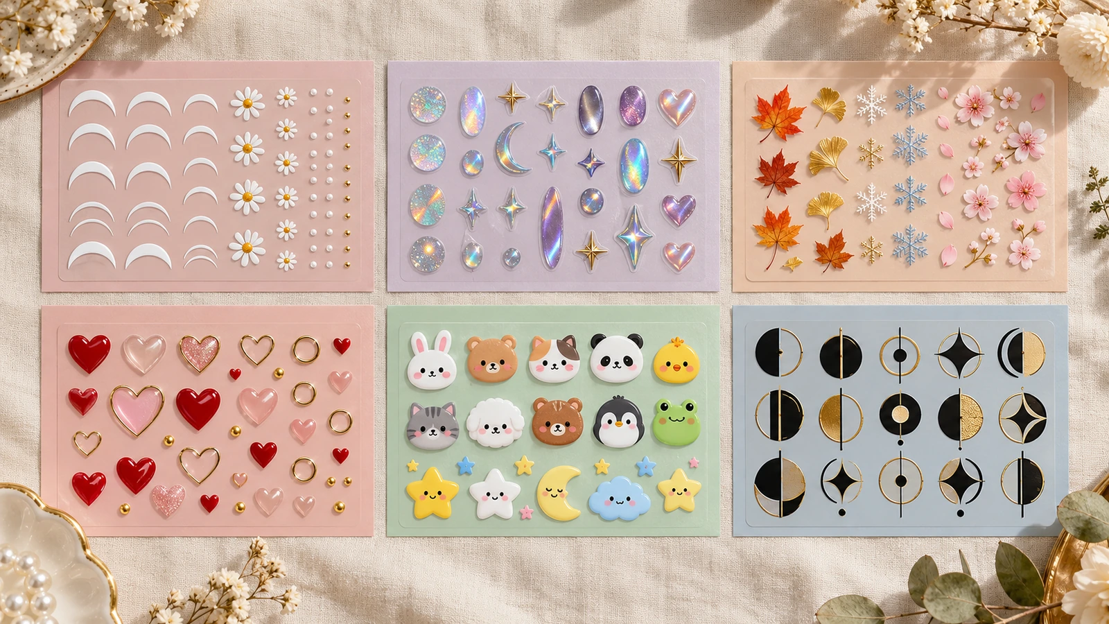 Composición de seis grupos de pegatinas de diseño para uñas: manicuras francesas clásicas y margaritas, efectos de tendencia iridiscentes, hojas y copos de nieve de temporada, corazones y anillos para ocasiones, formas juguetonas de estilo personaje y un motivo minimalista de monograma de marca