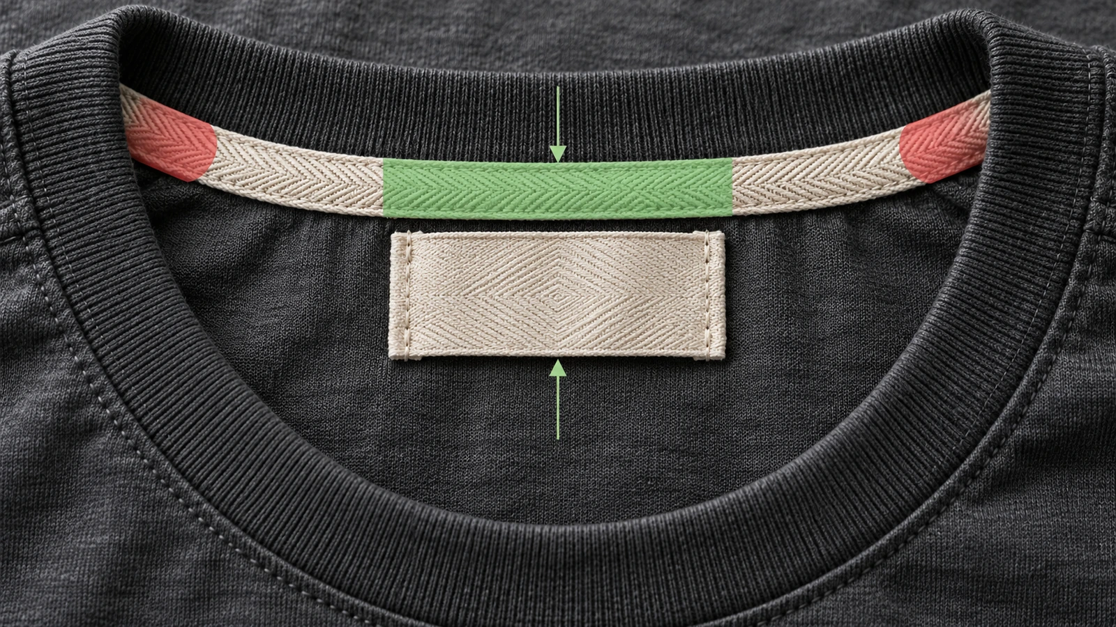 Primer plano del interior del cuello trasero de una camiseta con una etiqueta tejida en blanco centrada entre las costuras de los hombros y alineada bajo la cinta del cuello trasero, con formas guía de colores que marcan la zona de costura plana