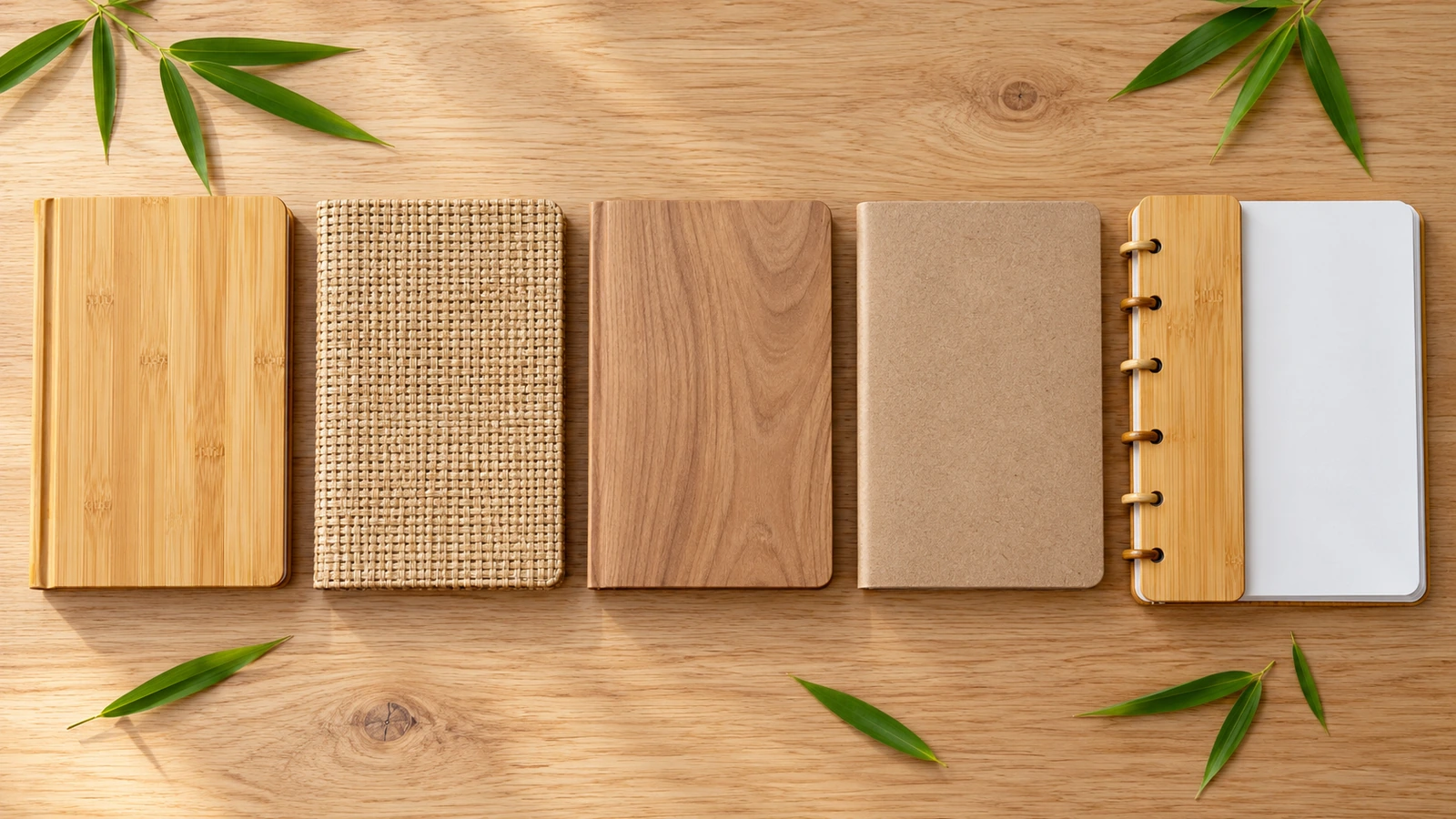Vista cenital comparando un cuaderno de cubierta de bambú macizo, un cuaderno de tejido de fibra de bambú, un cuaderno sintético con acabado de veta de madera, un cuaderno de kraft reciclado y un cuaderno reutilizable con carcasa de bambú