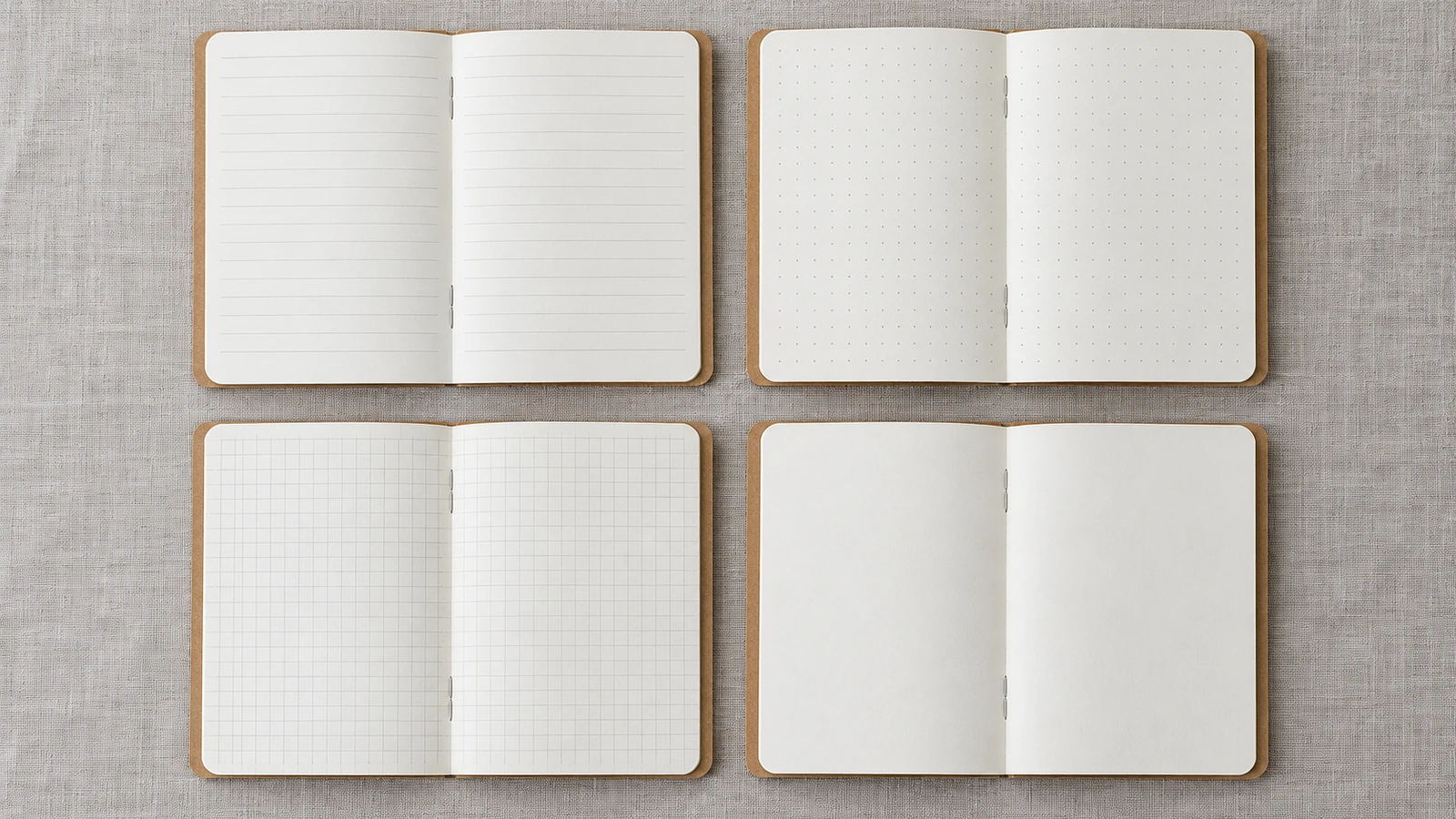 Cuatro cuadernos abiertos, uno junto a otro, que muestran los formatos de página interior rayada, de cuadrícula de puntos, de cuadrícula de cuadros y en blanco
