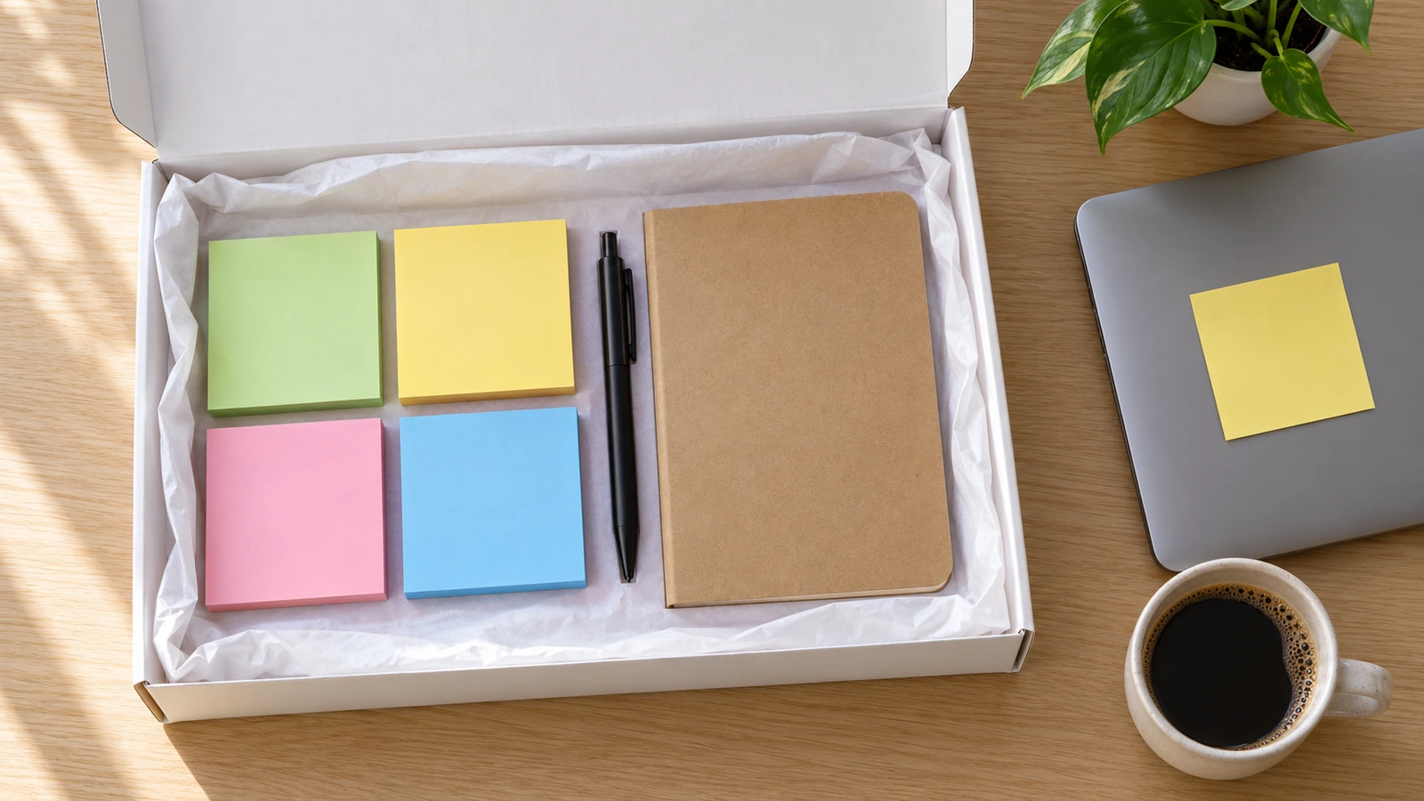 Foto cenital de una caja de bienvenida para clientes abierta, con un juego de blocs de notas de colores, un bolígrafo y un cuaderno sobre un escritorio de madera clara, con 1 hoja ya pegada al borde de un portátil