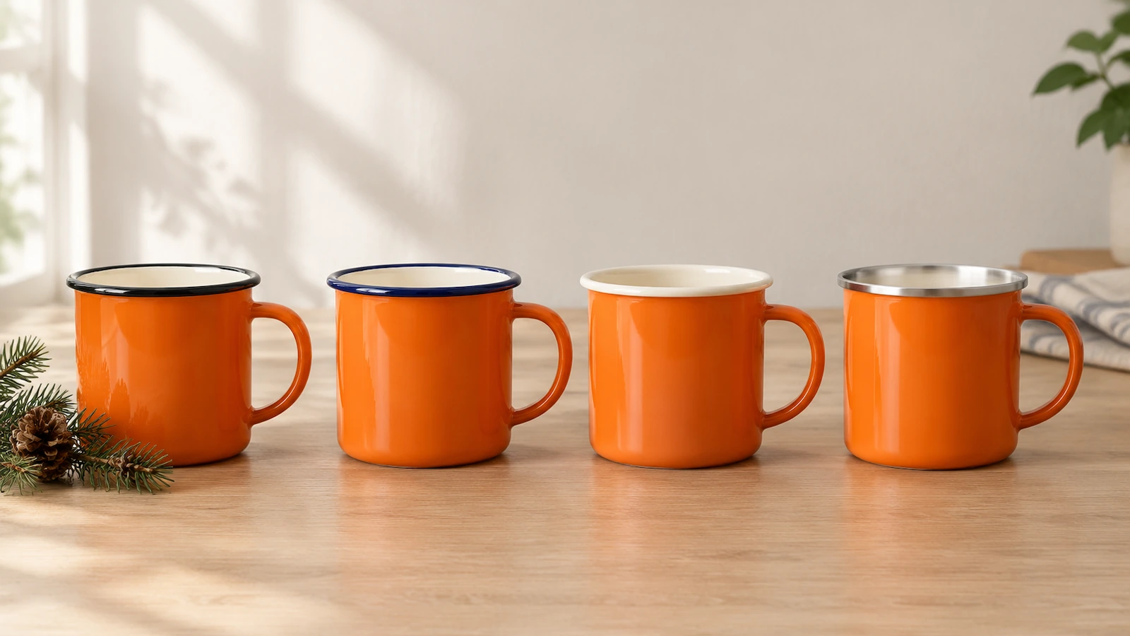 Cuatro tazas de camping esmaltadas naranjas, una junto a otra, con bordes negro, azul marino, crema y de acero inoxidable, que muestran cómo el color del borde cambia el aspecto retro