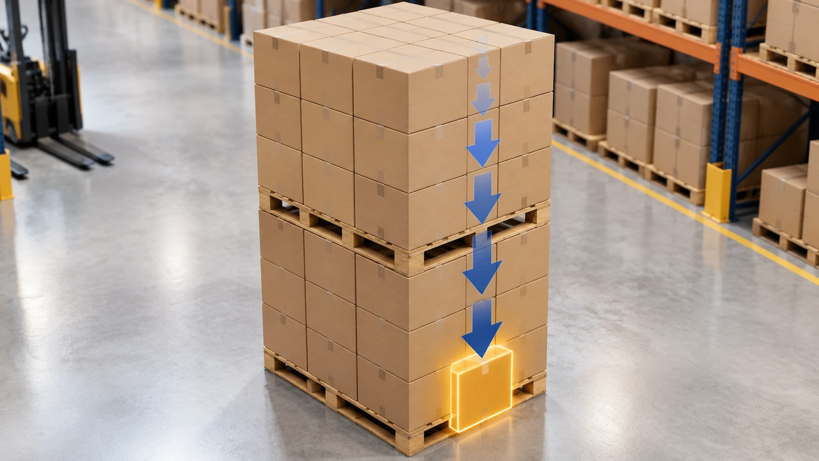 Dos palés de cajas de cartón corrugado apilados uno sobre otro, con flechas hacia abajo que se hacen más gruesas hacia la caja inferior del palé de abajo, para mostrar cómo se acumula la carga superior