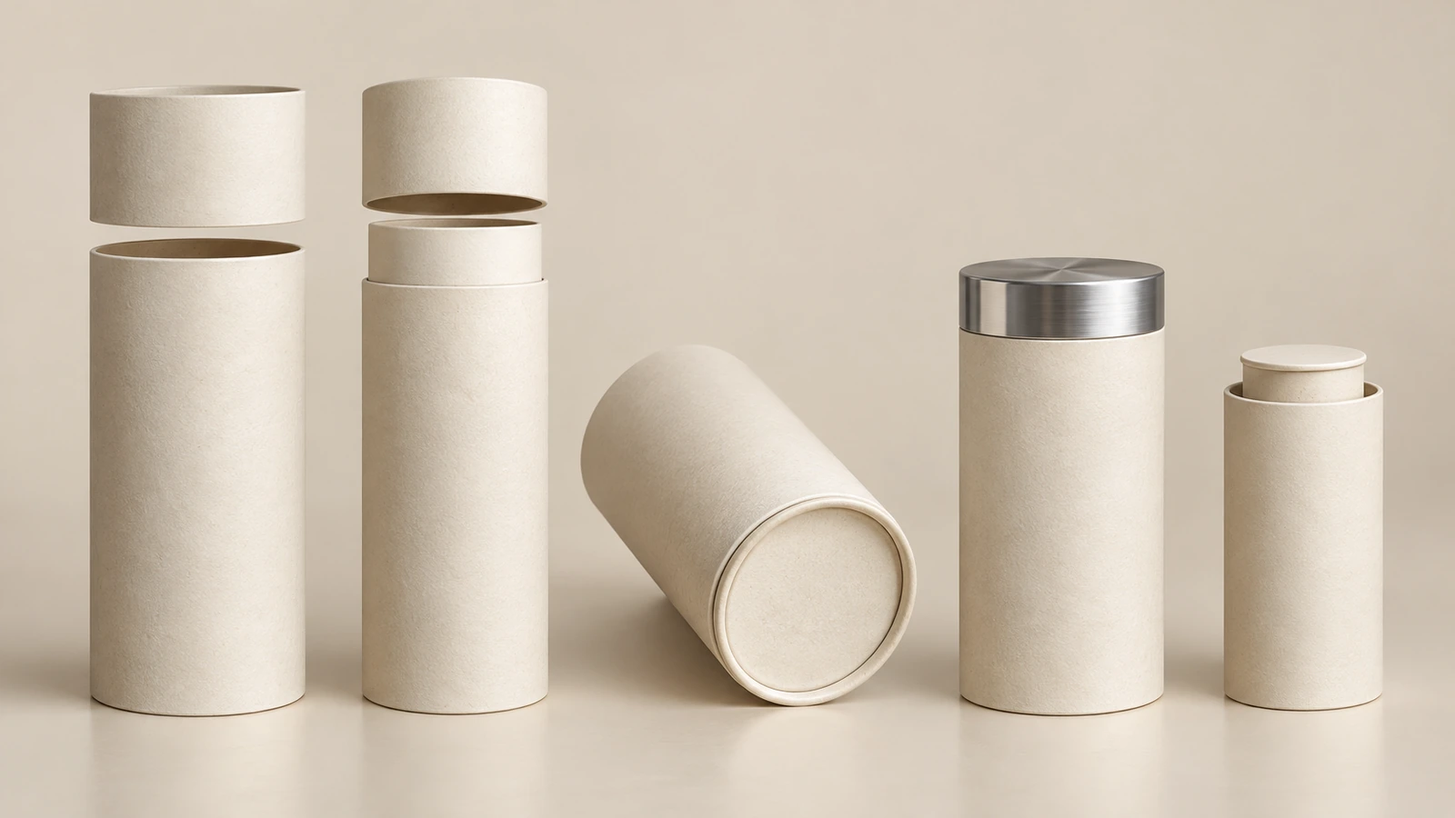 Fila de tipos de cierre de tubo de papel: tapa telescópica, tapa a ras sobre tubo con cuello, base de disco de papel, extremo metálico y base de empuje