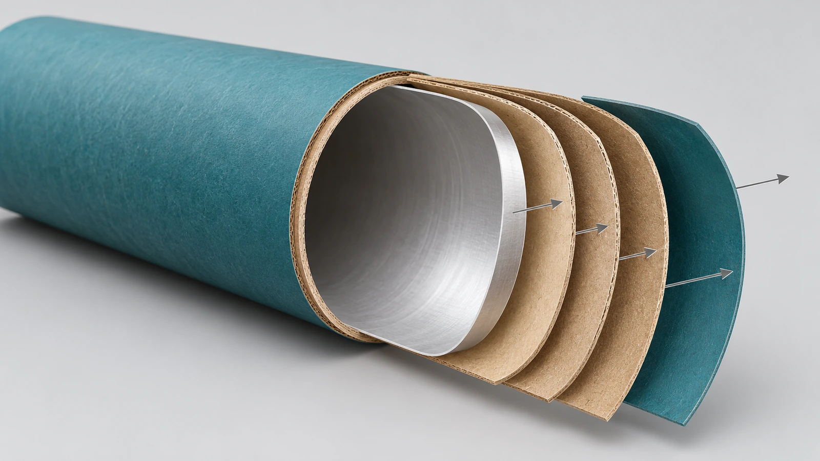Corte de la pared de un tubo de papel que muestra el forro interior, las láminas estructurales de cartoncillo y la envoltura exterior impresa como capas de colores separadas