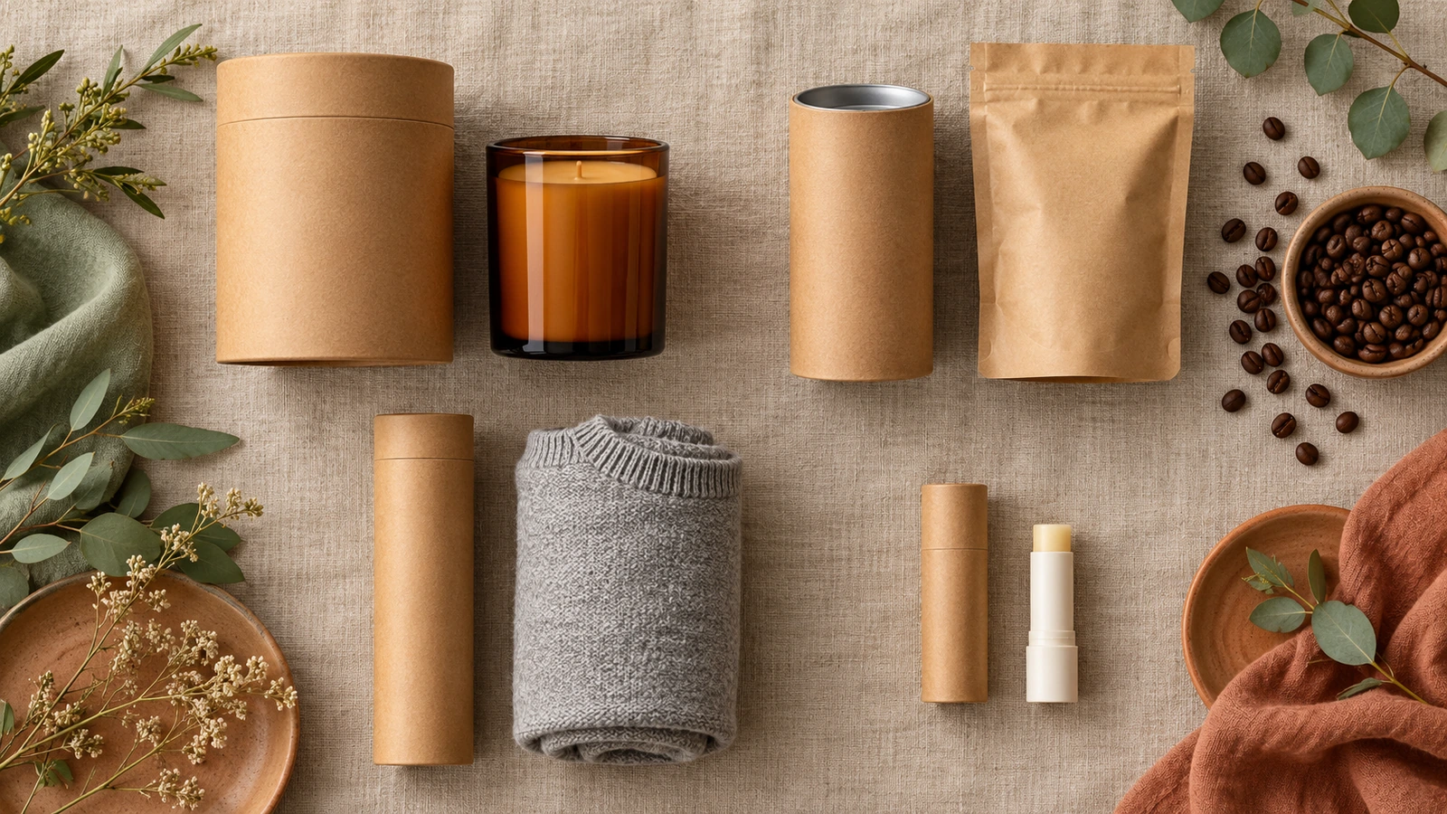Tubos de papel de distintos diámetros y espesores de pared dispuestos junto a un tarro de vela, una bolsa de café, una prenda enrollada y una barra de bálsamo labial