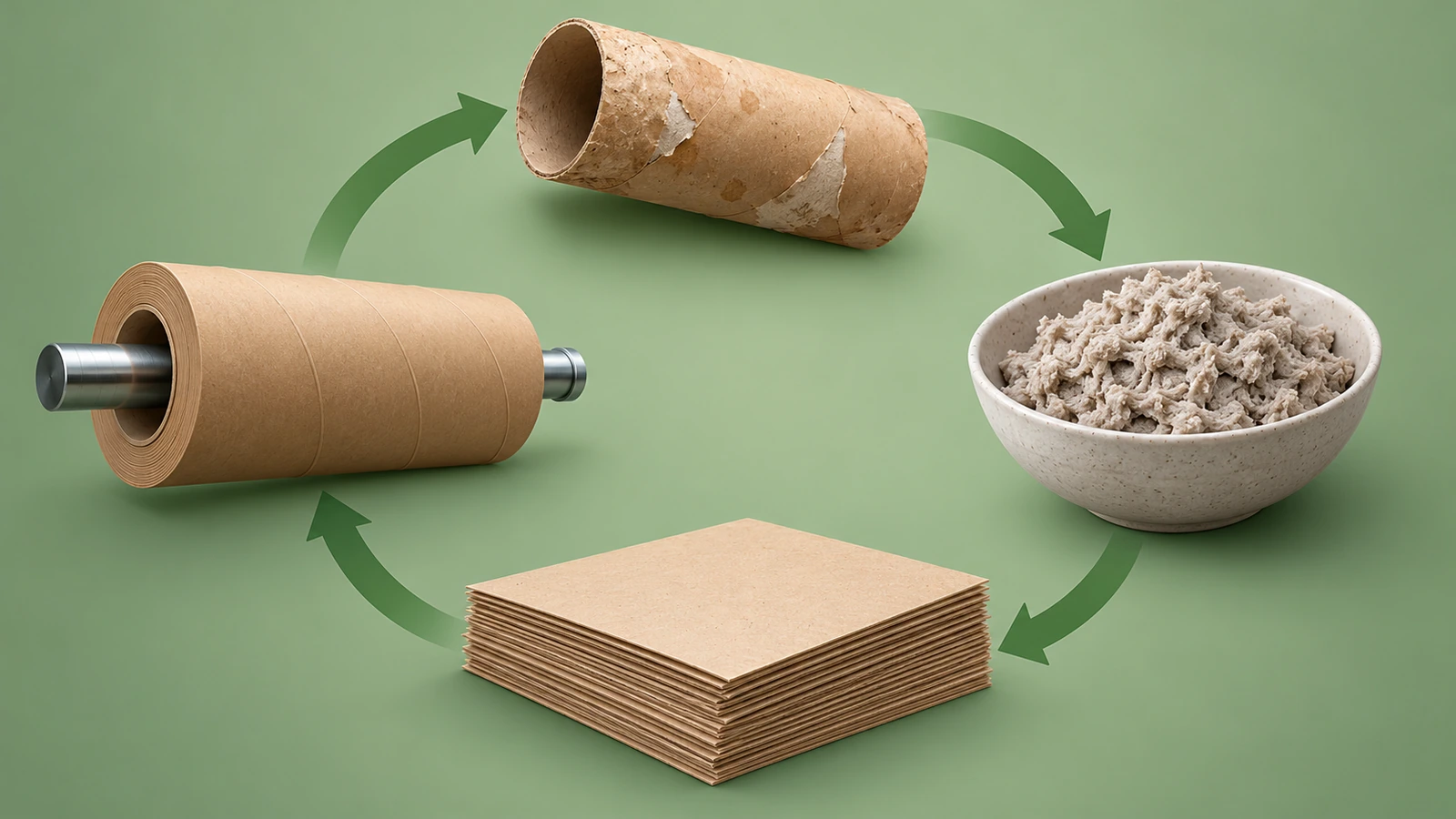 Flujo circular de flechas que une un tubo de papel, pulpa de fibra de papel, cartoncillo plano y un tubo recién bobinado