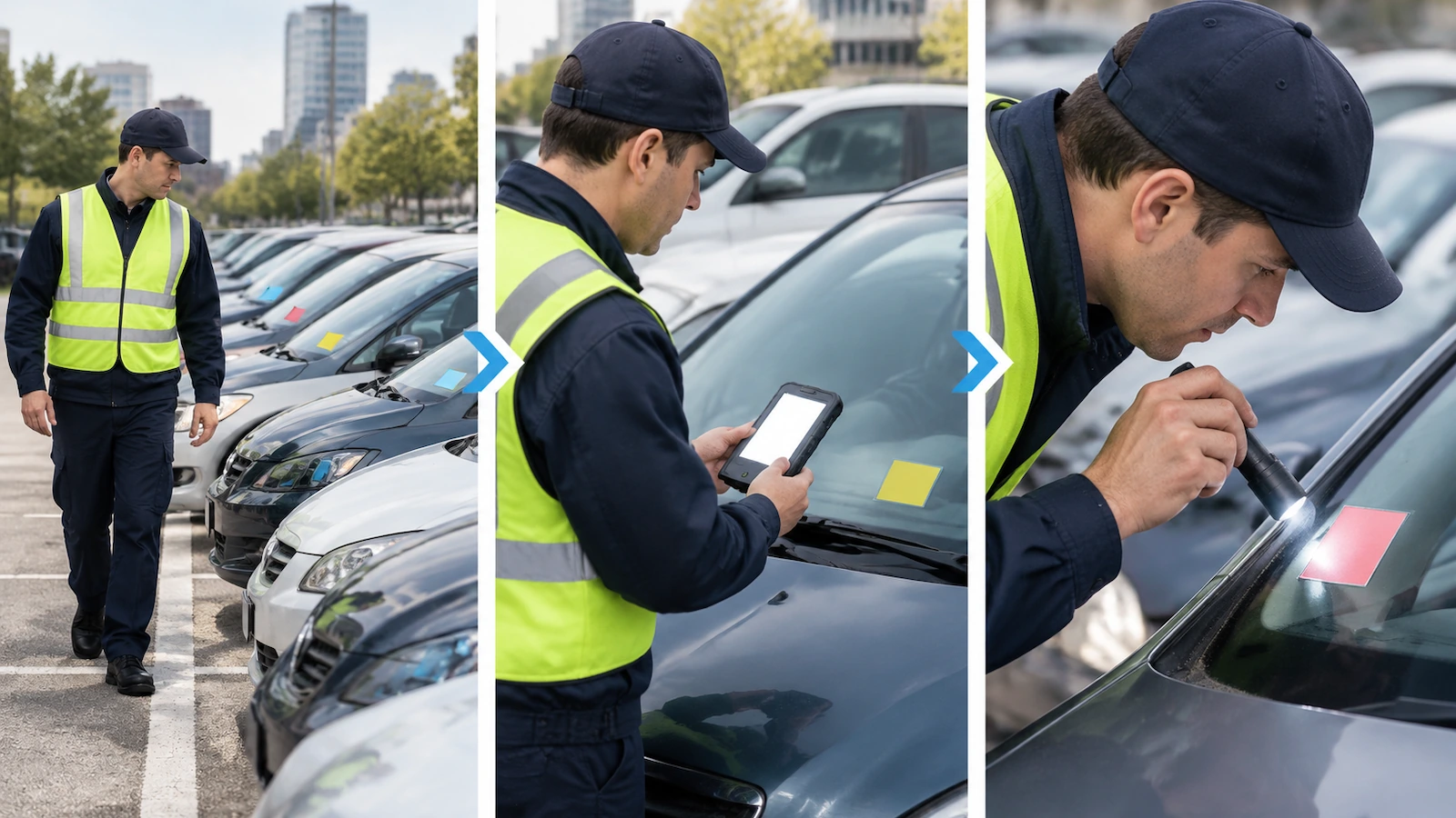 Agente de patrulla de estacionamiento recorriendo una fila de coches aparcados, mostrado en tres etapas: mirando los parabrisas desde lejos, escaneando un permiso con un terminal portátil e inclinándose para inspeccionar el borde del permiso