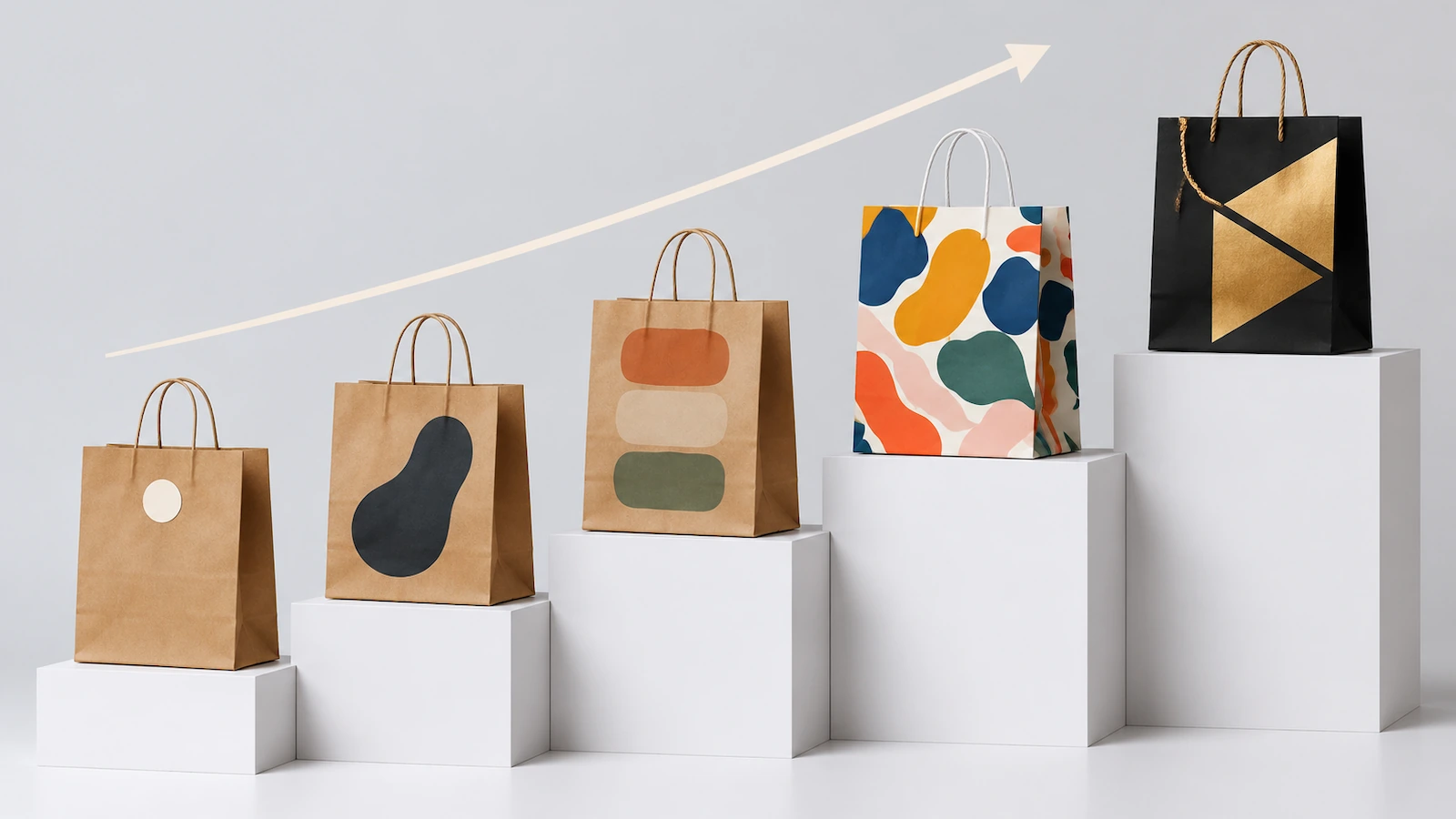 Escalera ascendente de bolsas de papel kraft que muestra niveles crecientes de personalización de la impresión