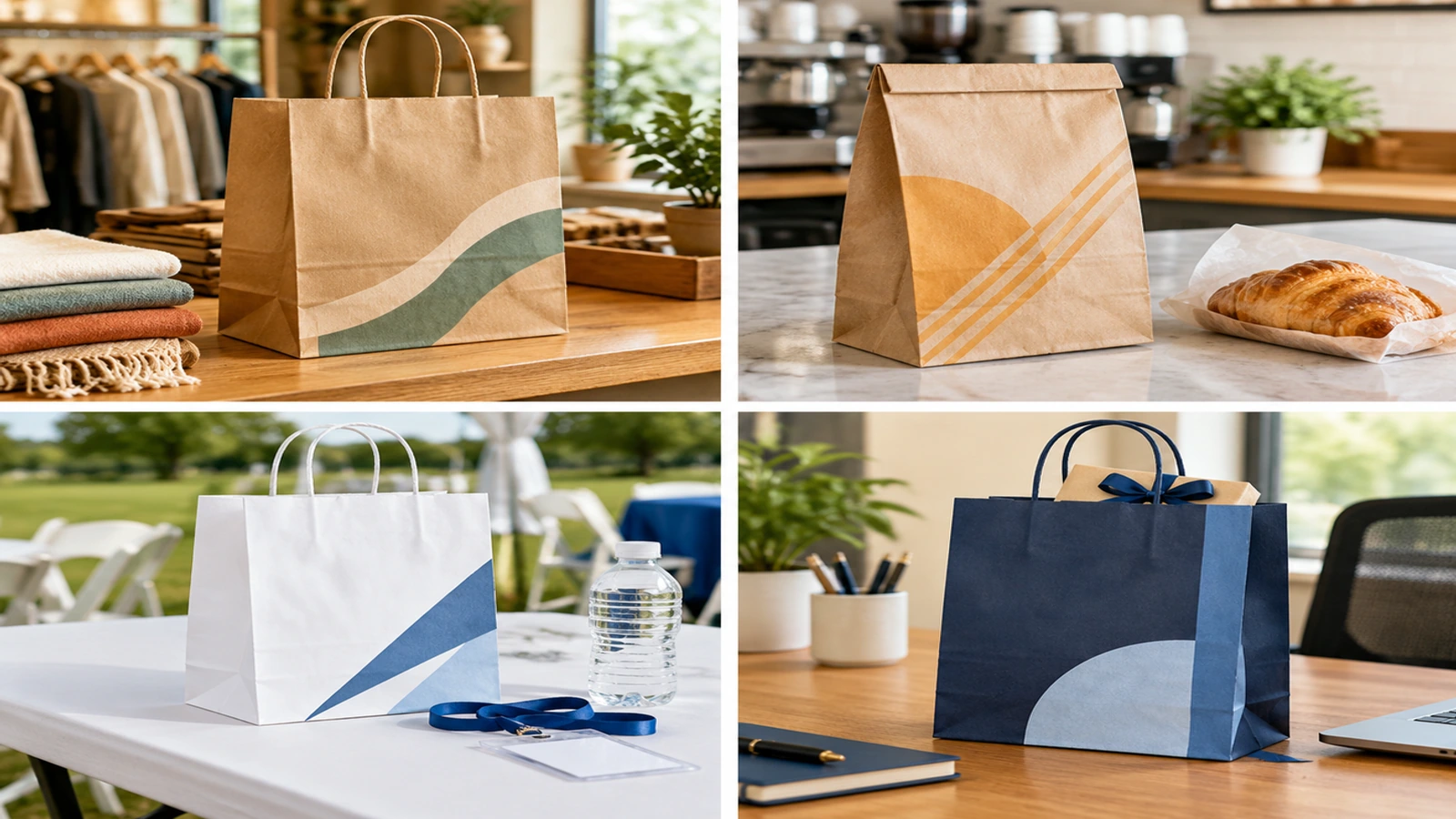 Cuatro bolsas de papel kraft personalizadas en entornos de comercio, restaurante, evento y regalos corporativos