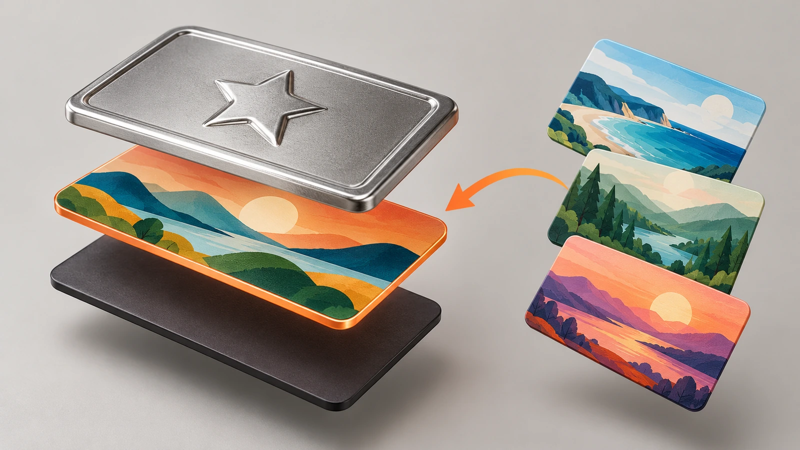 Vista despiezada de un imán personalizado de acero estañado para refrigerador que muestra una base metálica en relieve compartida, una capa impresa modificable y un respaldo magnético flexible