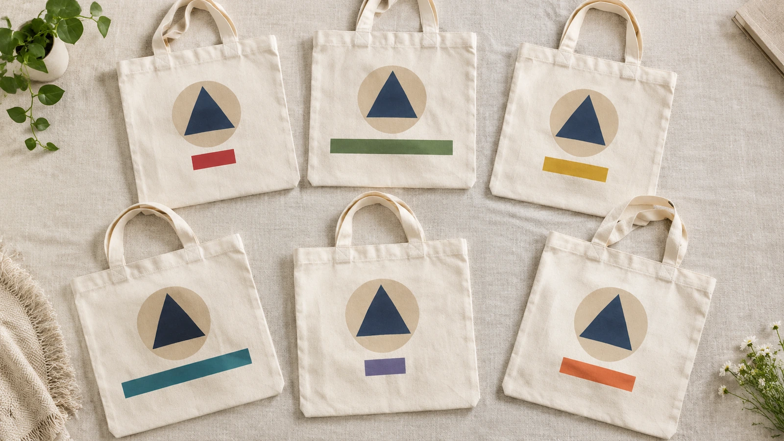 Fila de bolsas de algodón natural con la misma forma de logotipo, cada una con una banda de color distinta donde se imprime el nombre del destinatario