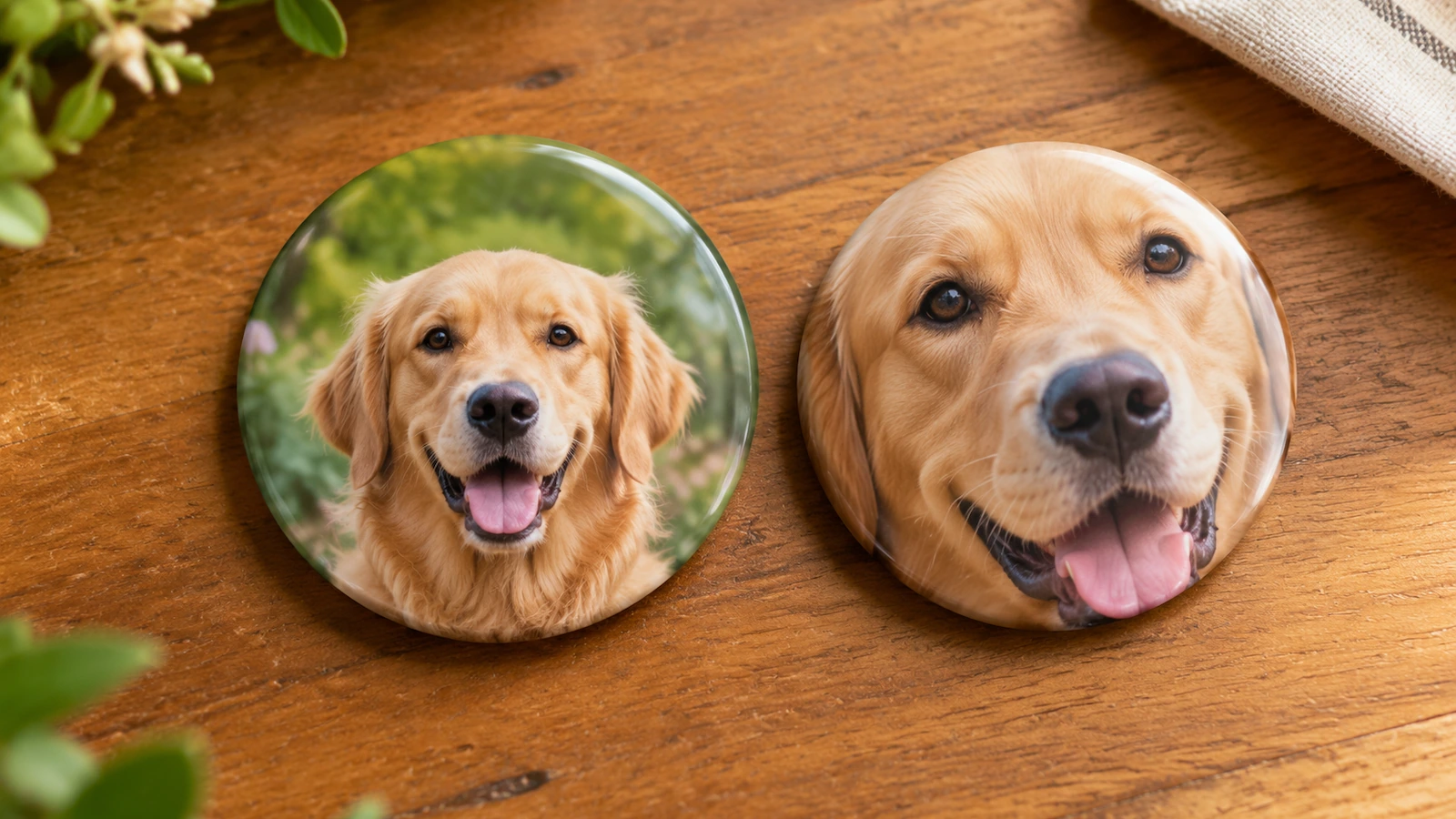 Dos botones redondos con foto que muestran el retrato de un golden retriever: uno bien centrado con fondo despejado alrededor de la cabeza y otro recortado de modo que las orejas se curvan sobre el borde