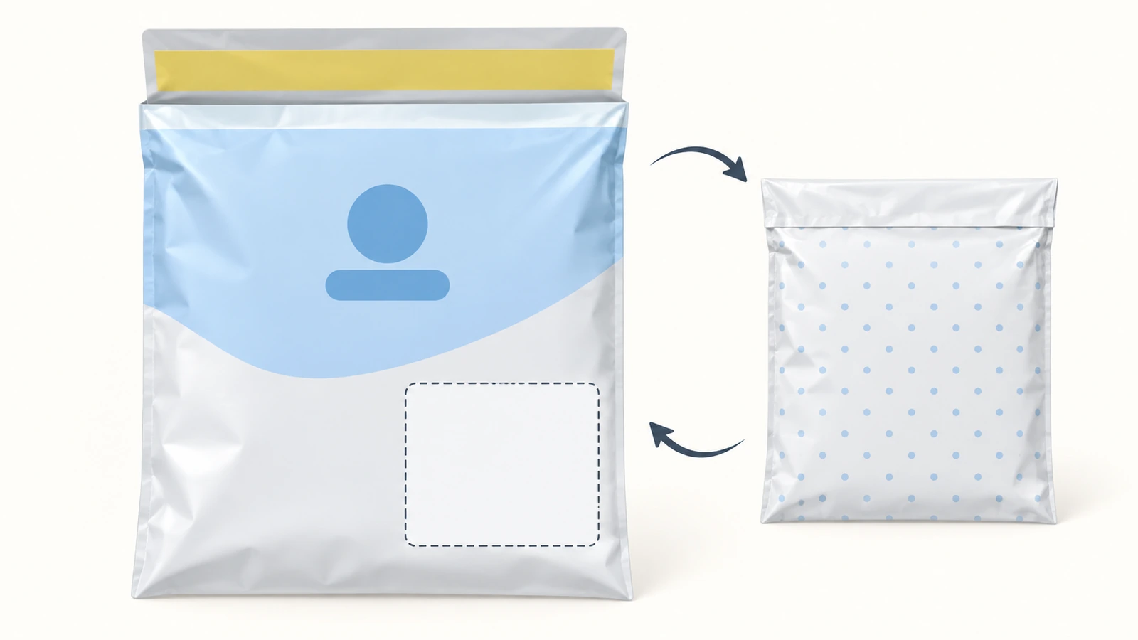 Mapa de zonas de una bolsa de envío de polietileno plana que muestra un área de logotipo en la parte superior del frente, un rectángulo de etiqueta en blanco, la solapa del sello y el panel trasero, marcados con bloques de color y flechas