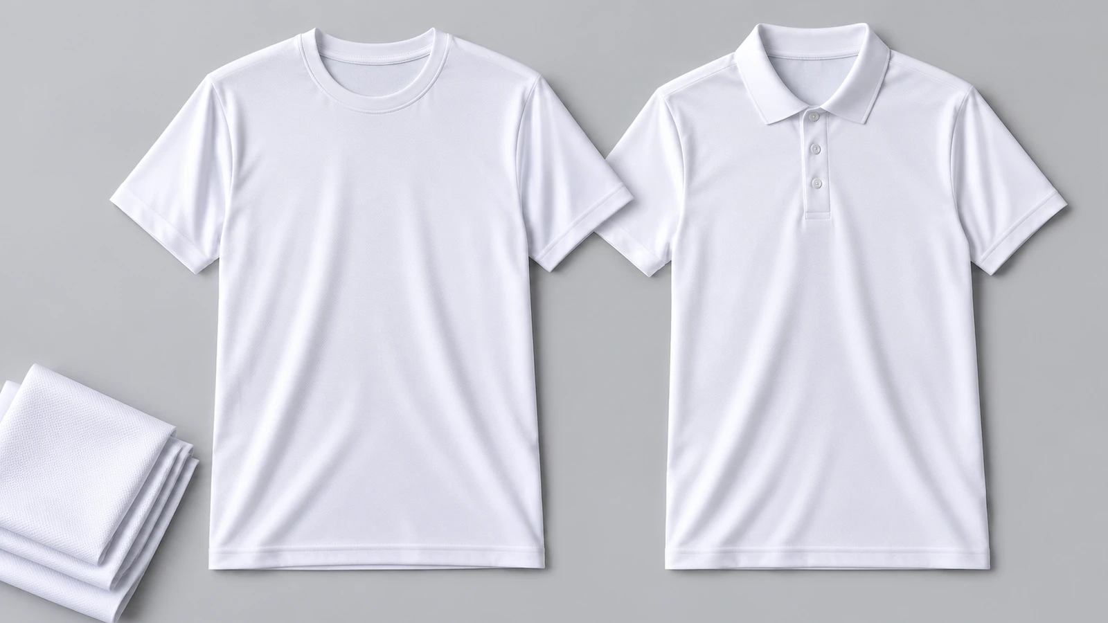 Camiseta unisex blanca de poliéster para sublimación extendida junto a un polo técnico blanco sobre una superficie gris claro