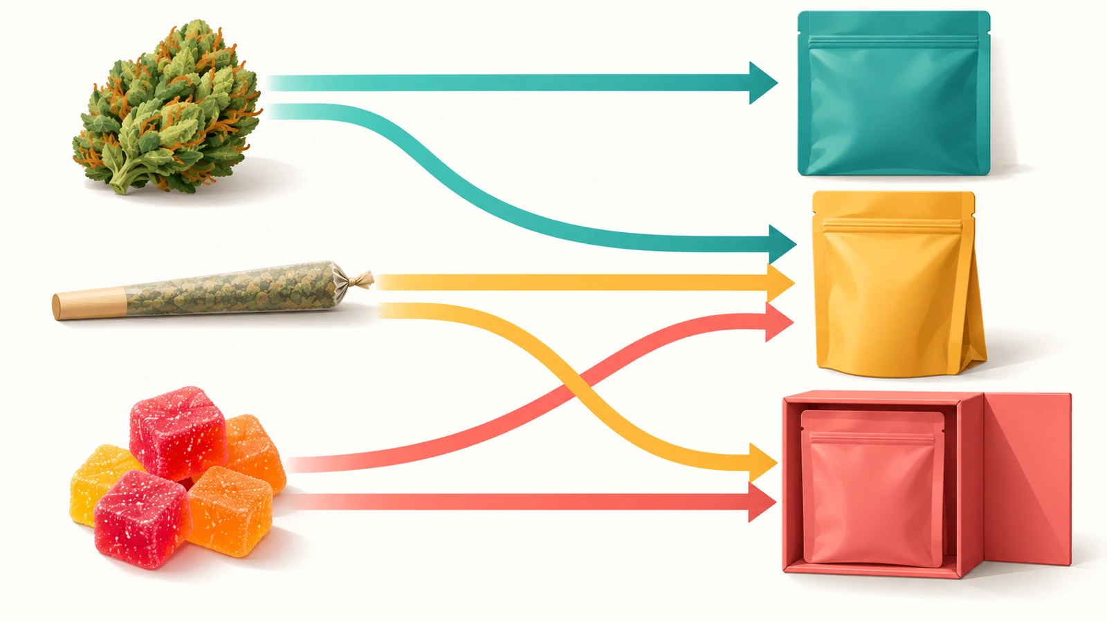 Diagrama de flujo de decisión con formas de colores y flechas que dirige los productos de flor, pre-roll y comestibles hacia formatos de bolsa plana, de bolsa de pie o en caja