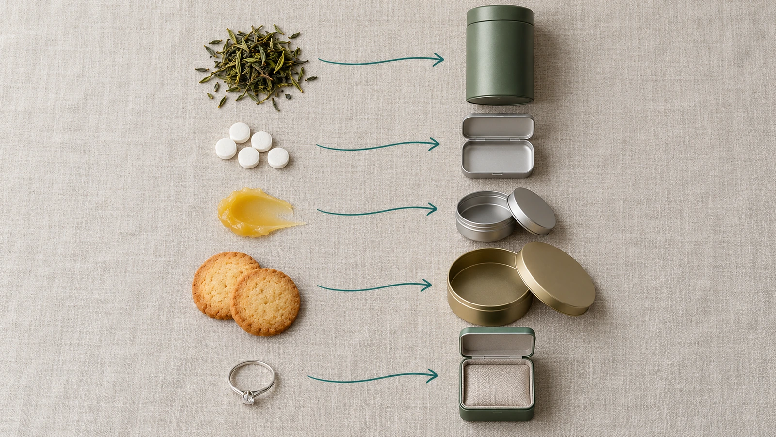 Mapa visual con flechas que conecta hojas de té, pastillas de menta, bálsamo, galletas y joyas con sus formatos de lata más adecuados