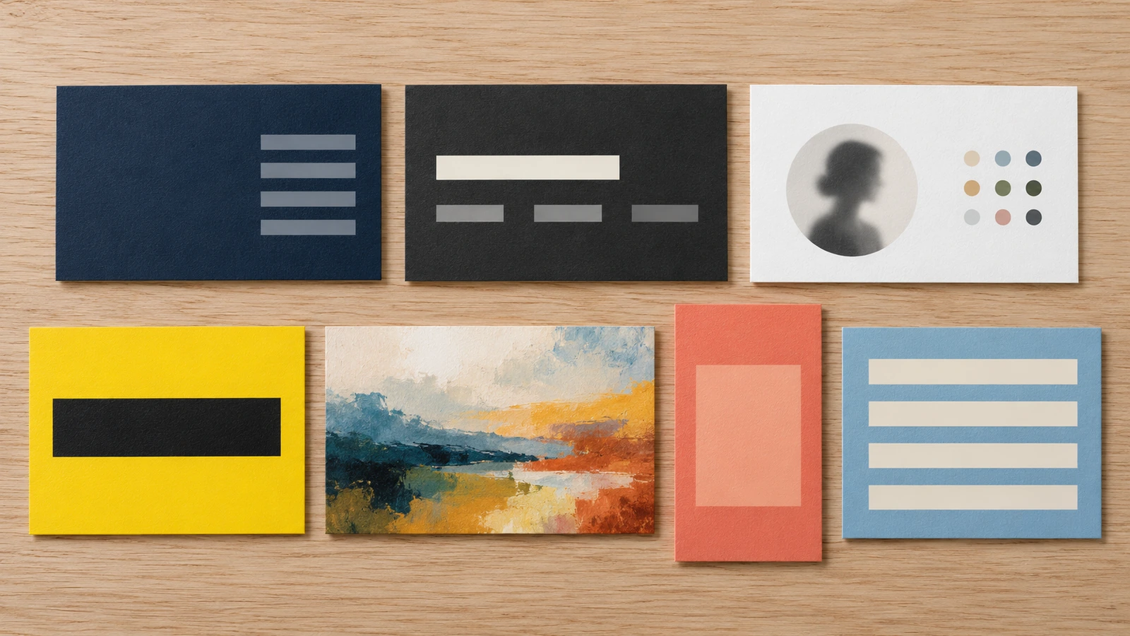 Galería de ejemplos de tarjetas de visita profesionales para derecho, inmobiliaria, oficios, creativos, tecnología, salud y hostelería, dispuestos sobre un escritorio neutro