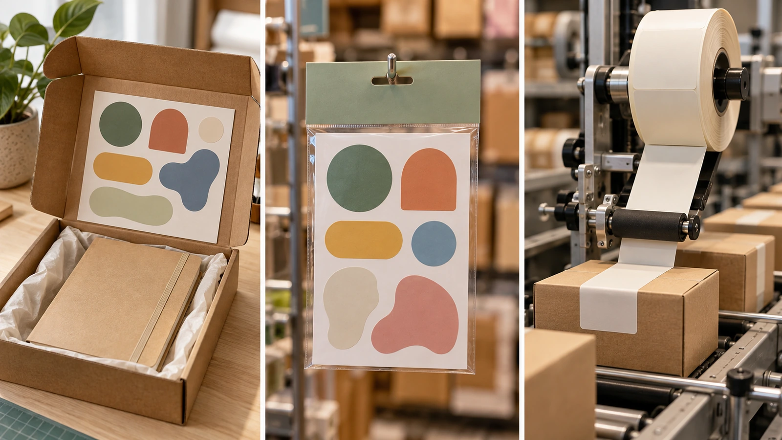 Tres escenas B2B: una caja de kit promocional con una hoja de pegatinas en su interior, una funda de venta con una hoja de pegatinas y un rollo de etiquetas montado en un aplicador de línea de envasado