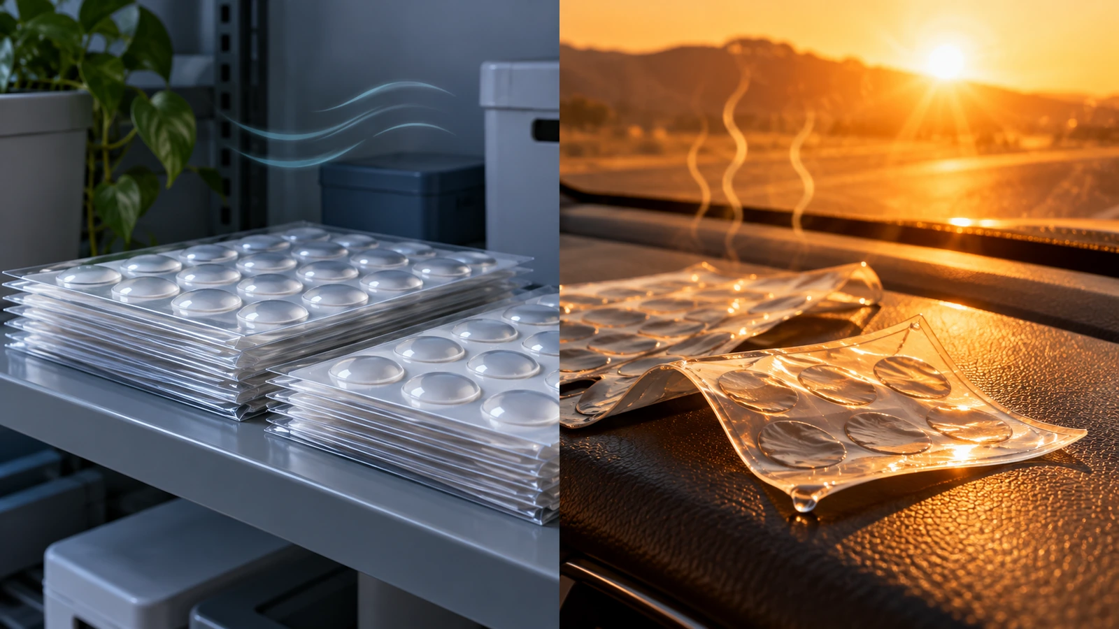 Escena dividida que compara hojas de pegatinas puffy almacenadas planas en un estante fresco y a la sombra con hojas deformadas dejadas al sol sobre el salpicadero de un vehículo caliente