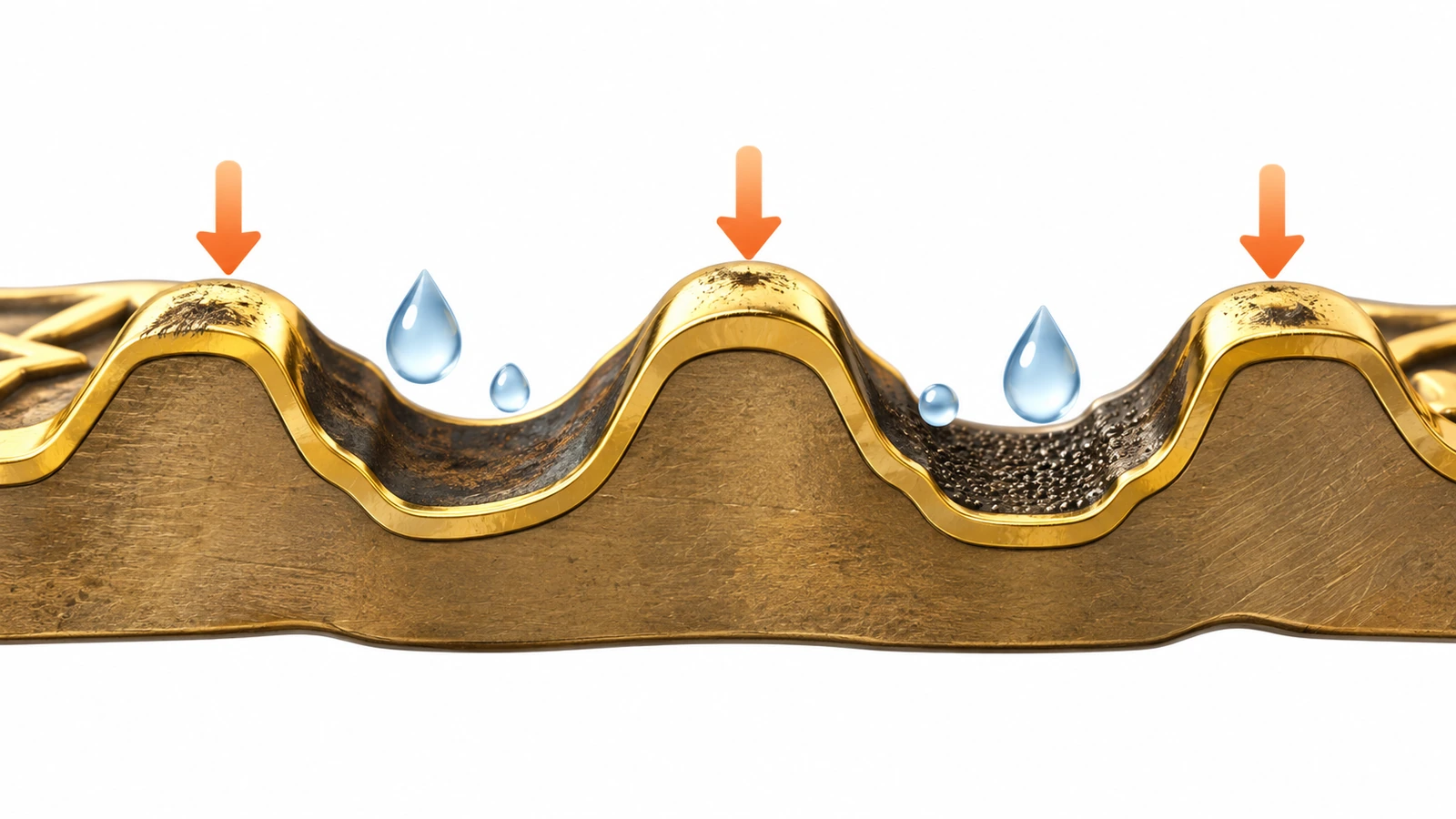 Diagrama en sección de un pin troquelado que muestra el metal base, la capa de chapado, las zonas pulidas en relieve y las zonas en hueco texturizadas u oscurecidas, con flechas que indican dónde empieza el desgaste