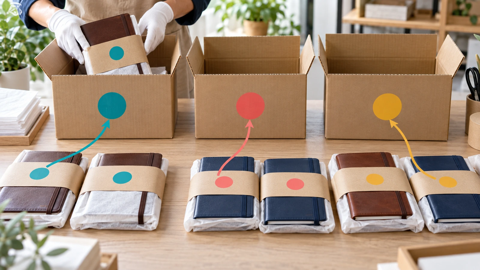Libretas de cuero personalizadas en fundas con etiquetas de colores que corresponden a cajas de envío del mismo color