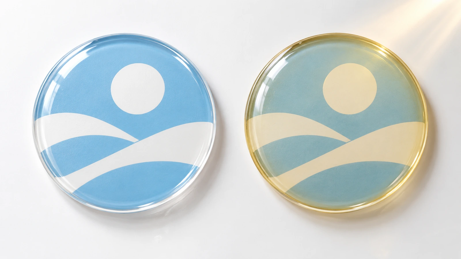 Dos insignias con domo de color claro idénticas, una al lado de la otra: una perfectamente transparente y otra con un tinte ámbar por el envejecimiento de la resina