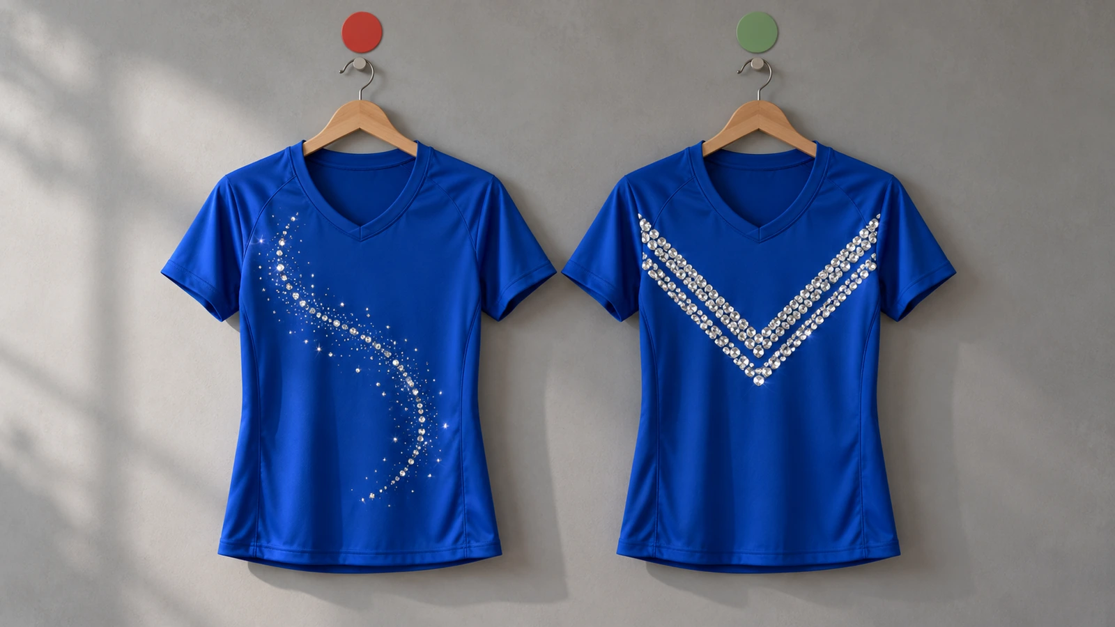 Comparación de dos espaldas de camiseta en blanco: una espiral fina de strass de una sola fila que se difumina en destellos dispersos a distancia frente a barras gruesas de strass de doble fila que se mantienen nítidas, para mostrar por qué el ancho del trazo determina la legibilidad