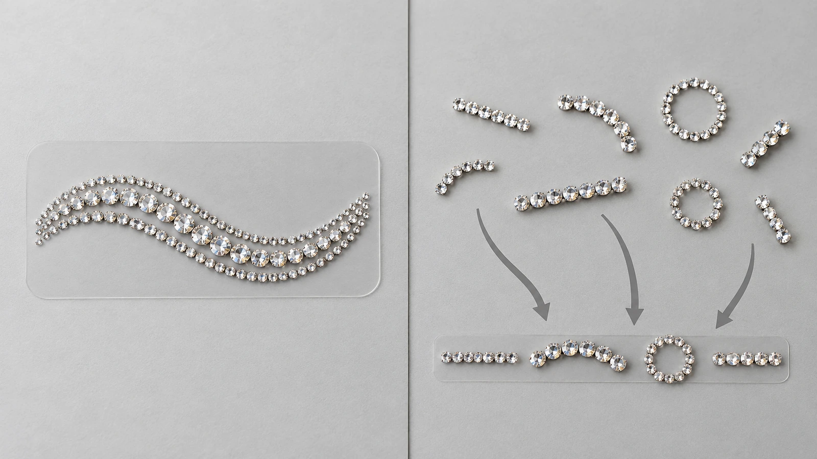 Vista dividida que compara una lámina portadora de strass con un único motivo completo y piezas de strass sueltas alineadas con flechas a lo largo de una guía recta, para contrastar las láminas de nombres prediseñadas con los caracteres individuales