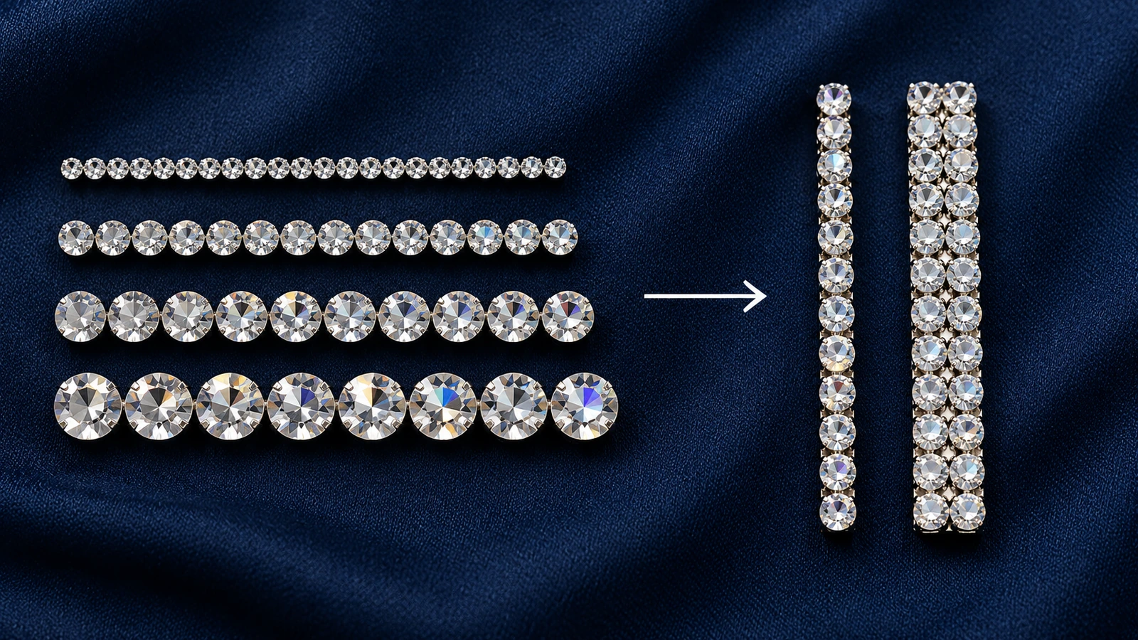 Cuatro filas de strass transparentes de diámetros crecientes sobre tela azul marino, junto a barras de una y de dos filas que muestran cómo el tamaño de la piedra determina el ancho del trazo en letras y números