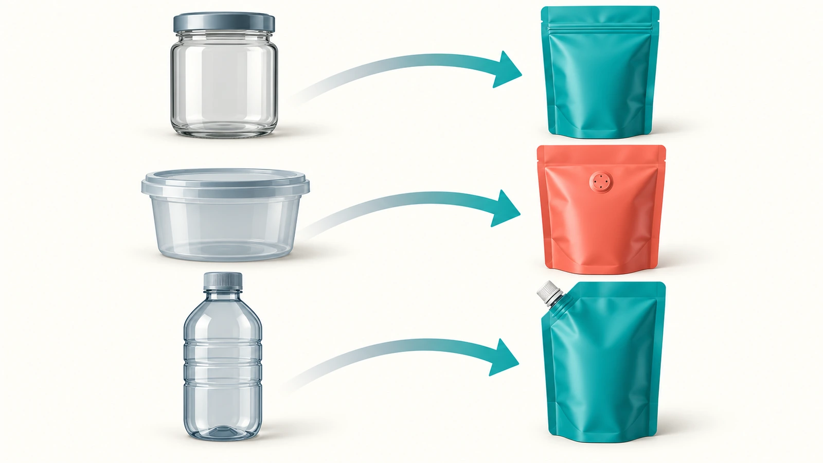 Frascos de vidrio, tarros y botellas de plástico a la izquierda, con flechas que llevan a las bolsas autosoportadas flexibles equivalentes a la derecha