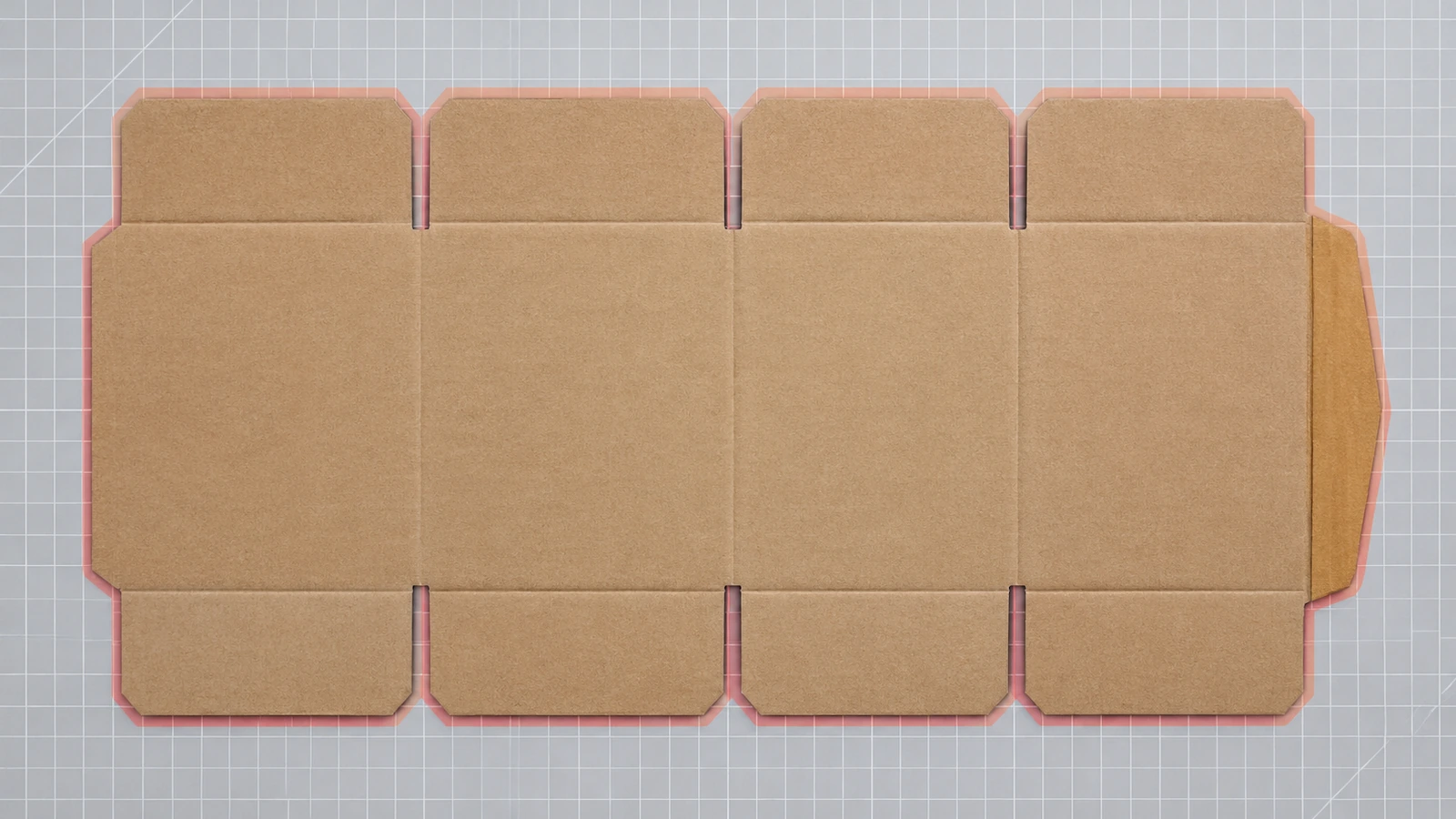 Plancha plana desplegada de una caja de ranuras regulares con 4 paneles laterales, solapas superior e inferior, una pestaña de pegado estrecha de color contrastante y áreas sombreadas de refile alrededor del borde de la hoja