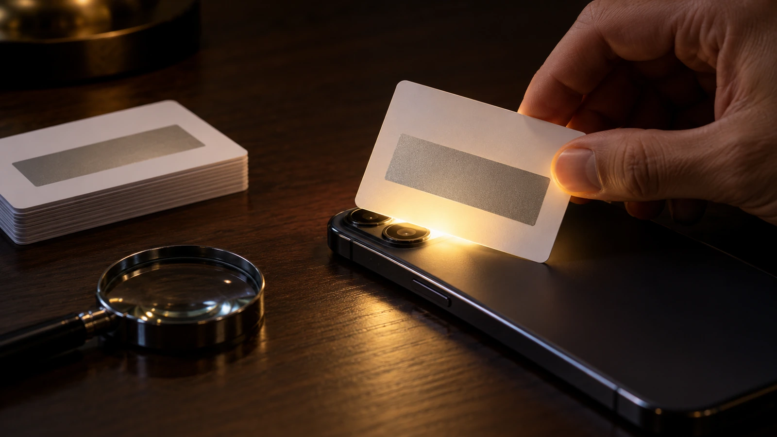 Mano sosteniendo una tarjeta de raspado sobre la linterna de un teléfono en una habitación oscura para comprobar si el código oculto se transparenta a través del panel plateado